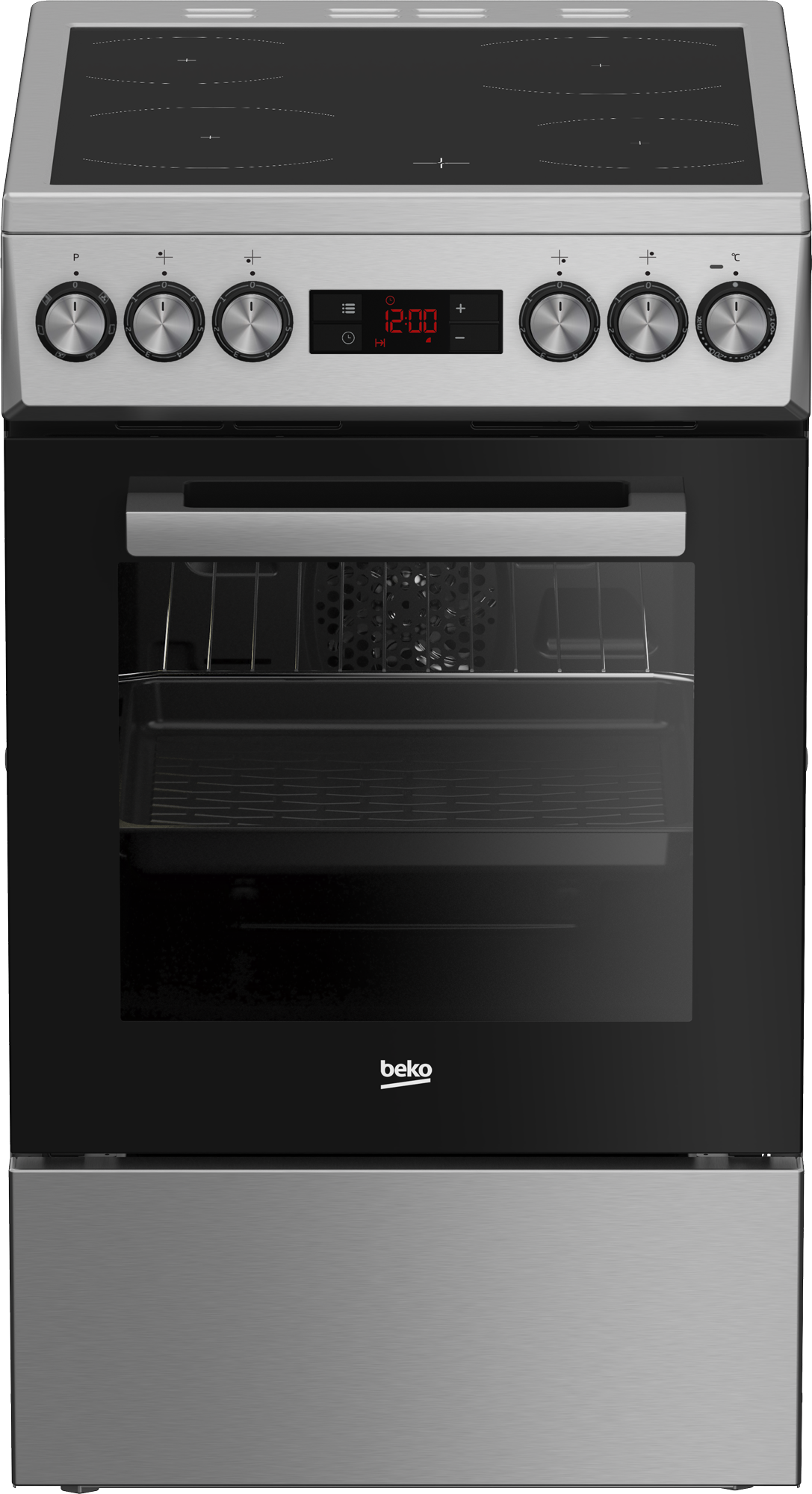 Piekarnik Beko ze stali nierdzewnej. Ma czarne szklane drzwi z widocznymi rusztami. Na górze płyta grzejna i pokrętła sterowania.