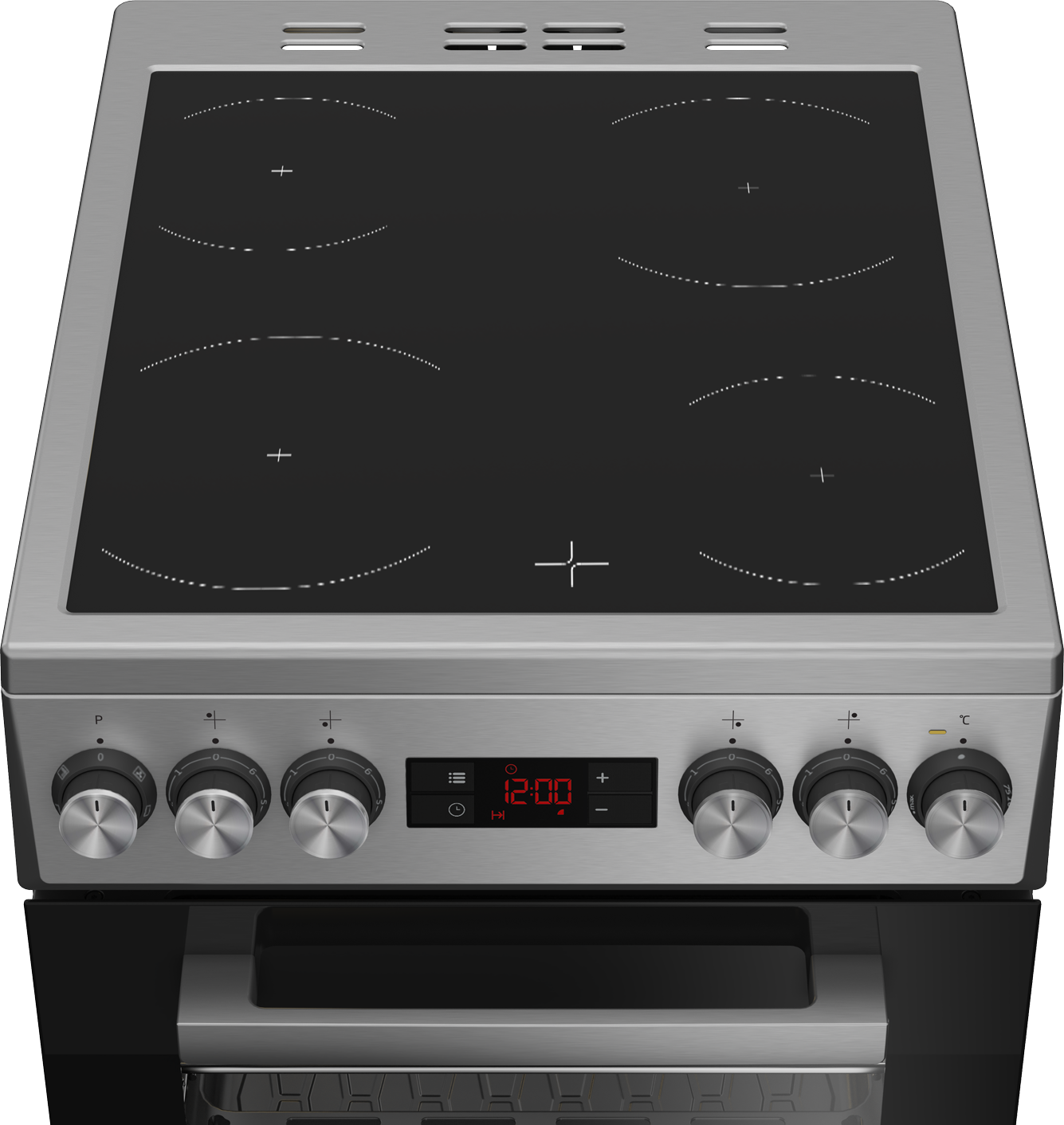 Nowoczesna kuchenka elektryczna z czarną płytą ceramiczną, srebrnymi pokrętłami i cyfrowym zegarem wskazującym 12:00. Drzwi piekarnika są widoczne.