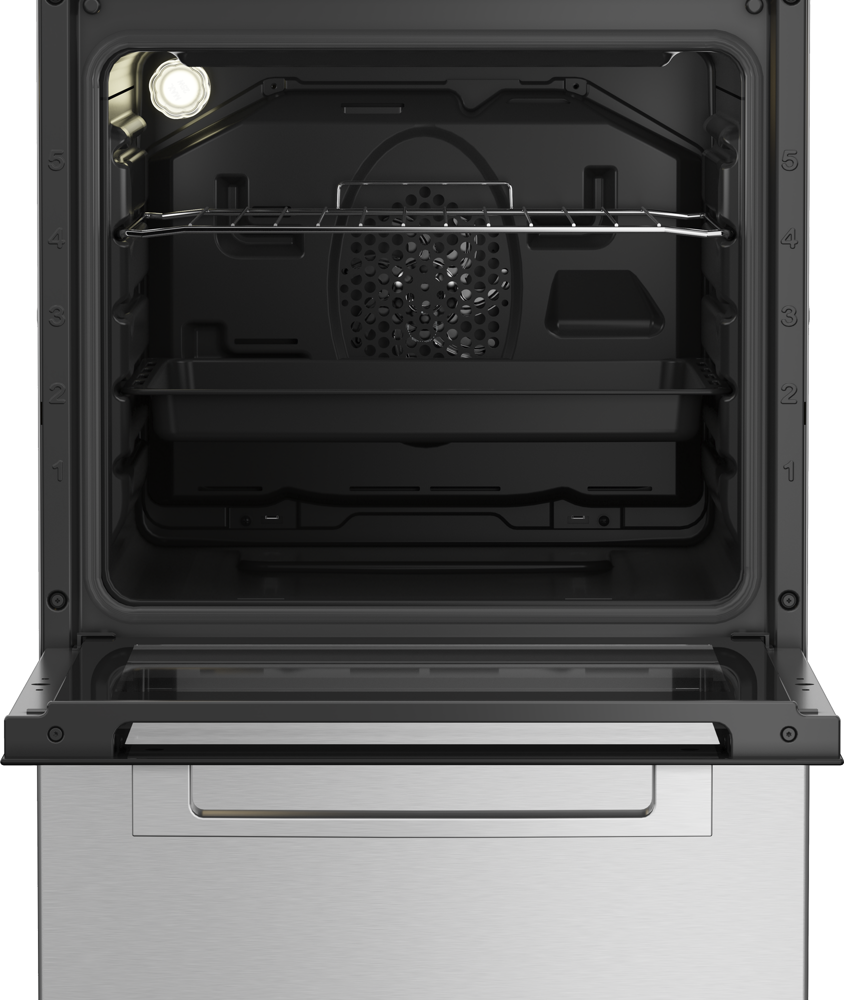 Otwarty piekarnik z rusztami, wentylatorem i światłem. Drzwi ze stali nierdzewnej uchylone, szuflada poniżej.