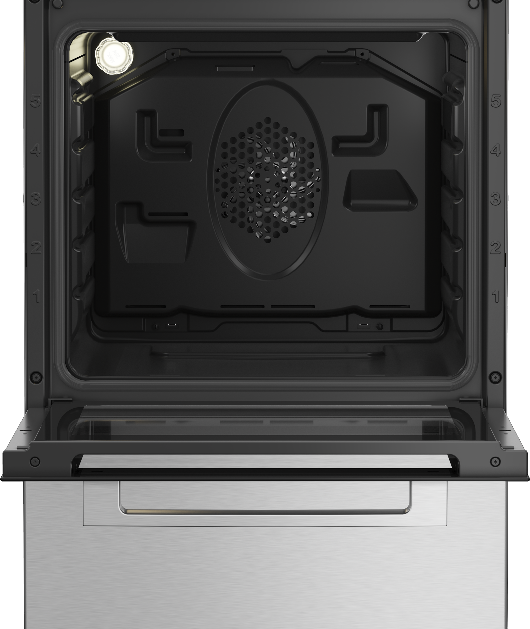 Wnętrze otwartego piekarnika z czarnymi ścianami. Żarówka u góry. Drzwi piekarnika otwarte, ze srebrną rączką.