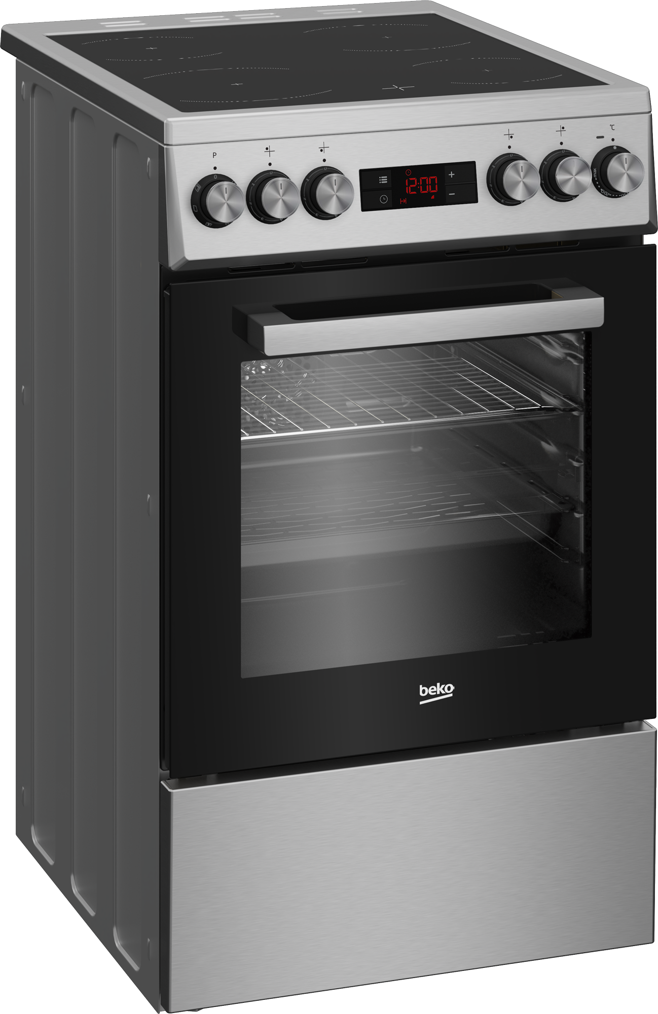 Srebrna kuchenka elektryczna Beko z czarnymi szklanymi drzwiami piekarnika, cyfrowym zegarem i wieloma pokrętłami. Płyta grzewcza jest czarna.