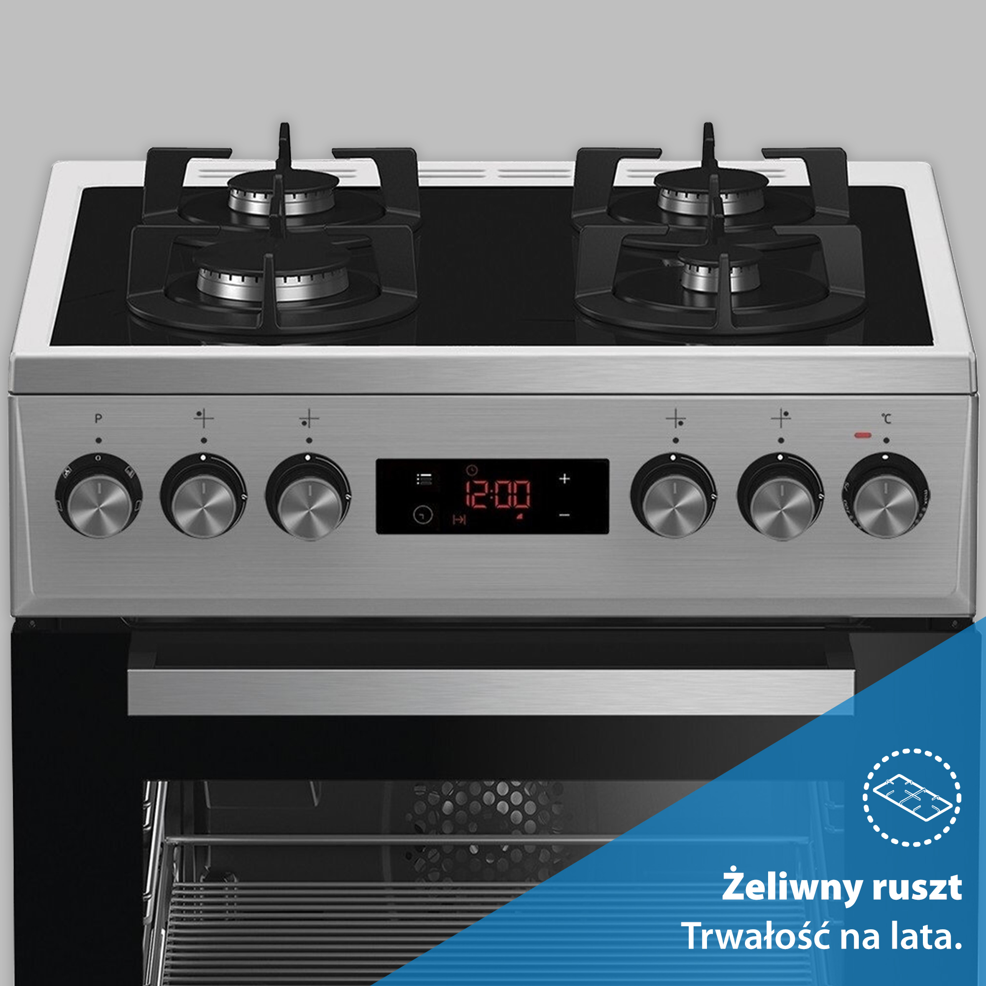 Piekarnik ze stali nierdzewnej z czarną płytą grzejną, pokrętłami i wyświetlaczem cyfrowym. Widoczne są dwa palniki. Godzina: 12:00.