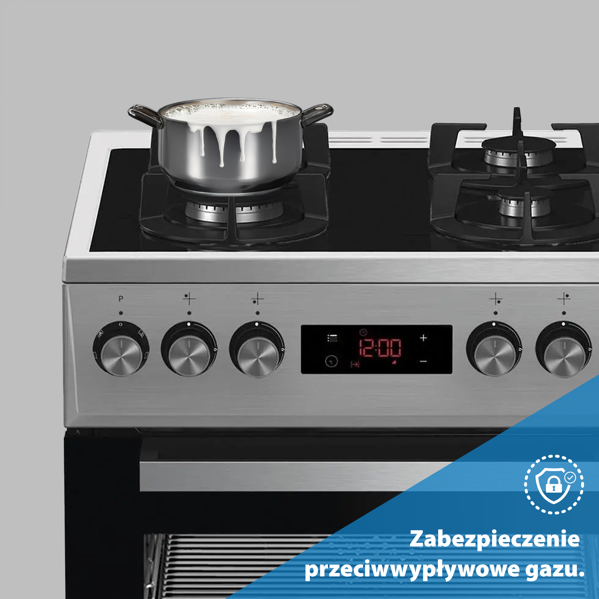 Kuchenka ze stali nierdzewnej z wykipiącym garnkiem. Zegar cyfrowy pokazuje 12:00. Poniżej tekst: zabezpieczenie przeciwwypływowe gazu.