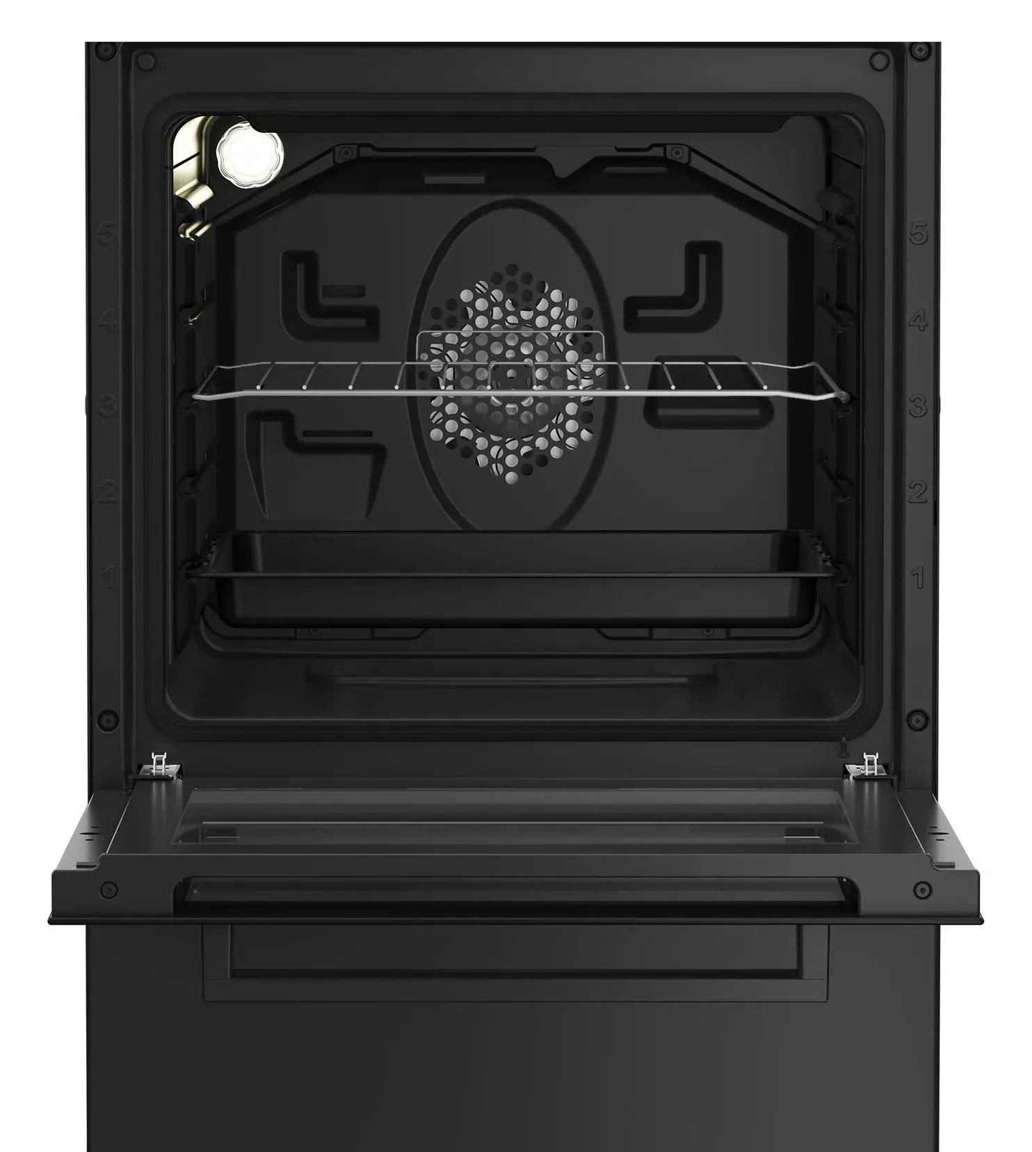 Otwarty czarny piekarnik, widoczne wnętrze. Ruszt, światło i wentylator w środku. Drzwi otwarte.