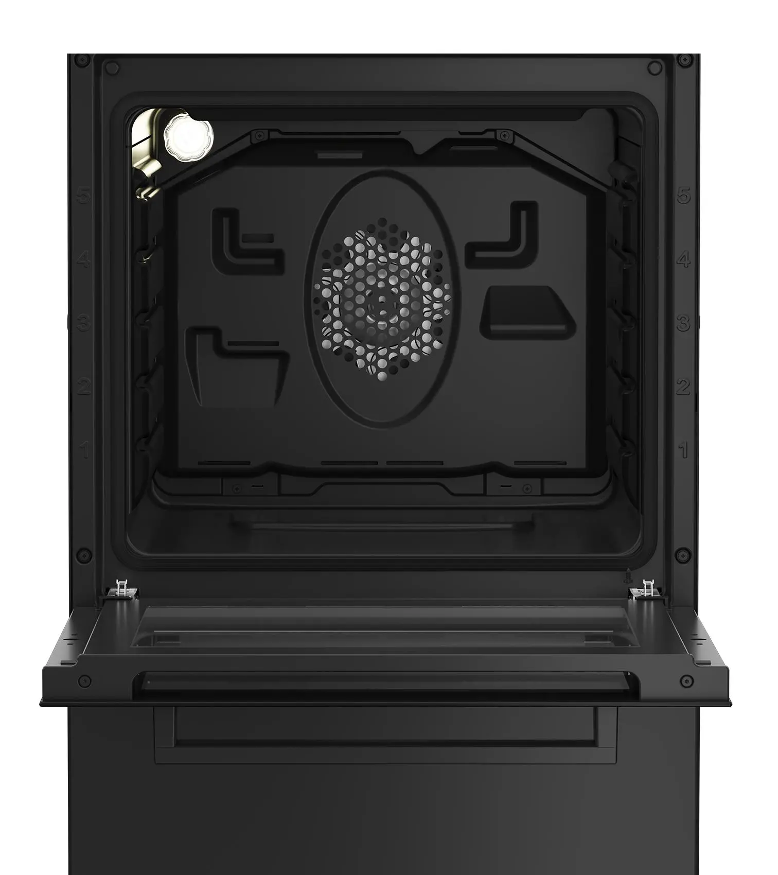 Otwarty czarny piekarnik, widoczne wnętrze. Zawiera światło, wentylator i ponumerowane oznaczenia boczne. Drzwi uchylone.