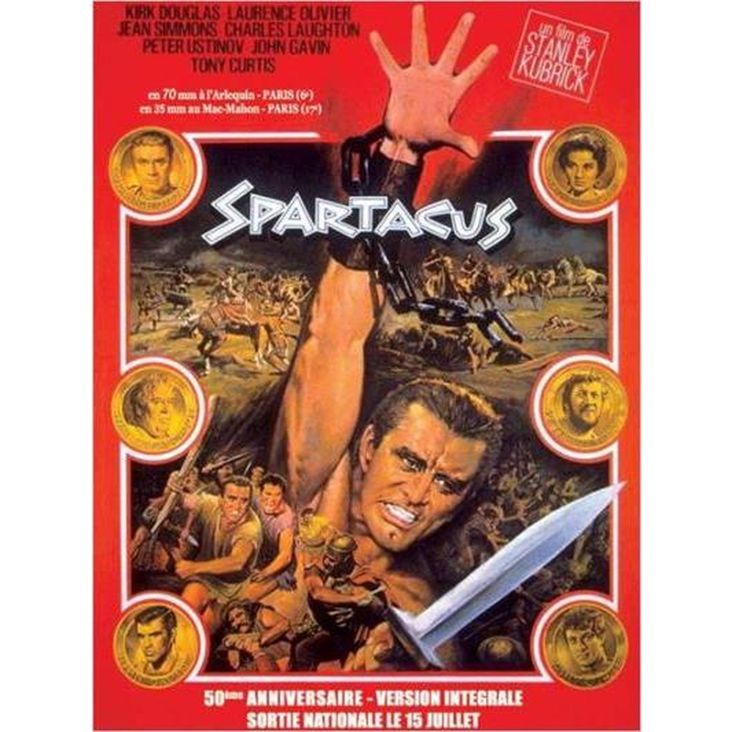 Affiche du film Spartacus. Avec Kirk Douglas, une main tendue et un homme tenant une épée, avec d'autres acteurs.