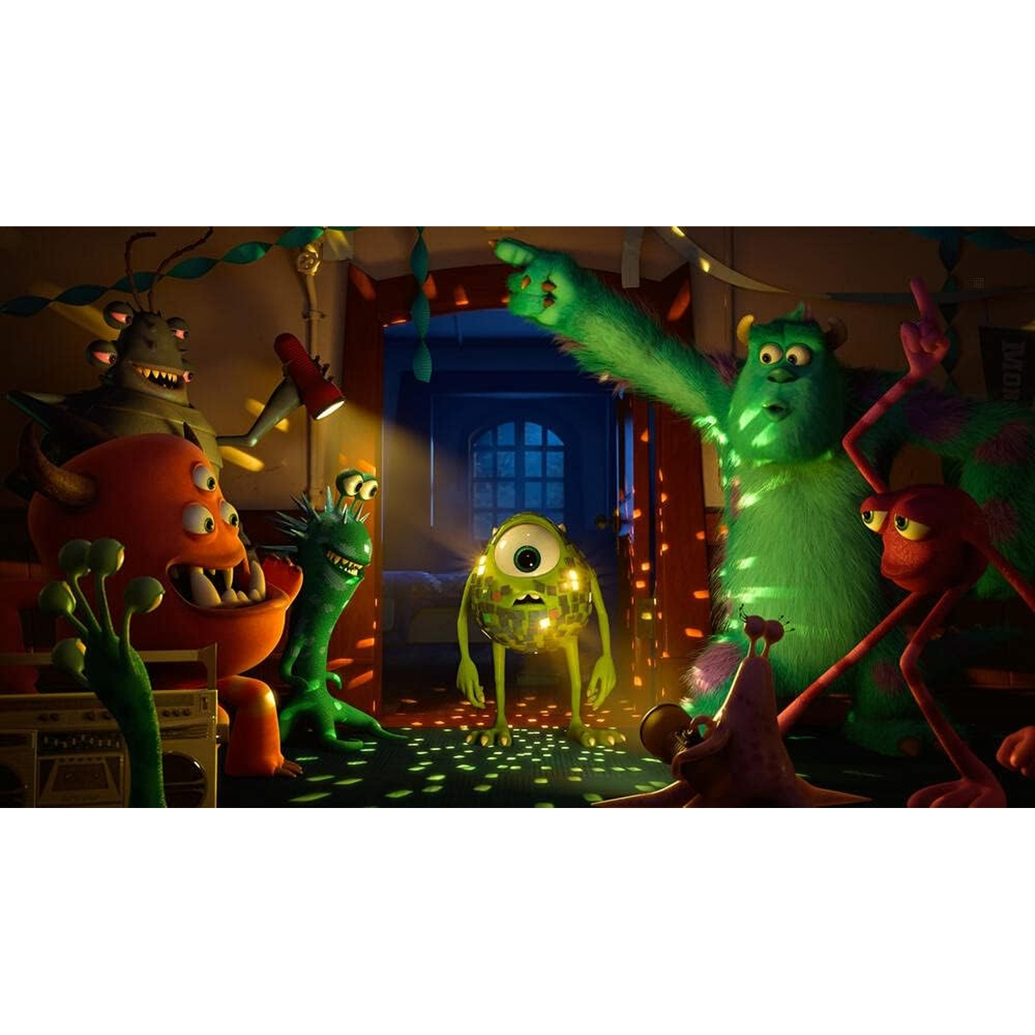 Monsters from the movie 'Monsters, Inc.' are gathered in a room, illuminated by colorful lights. Several monsters are visible, some pointing.