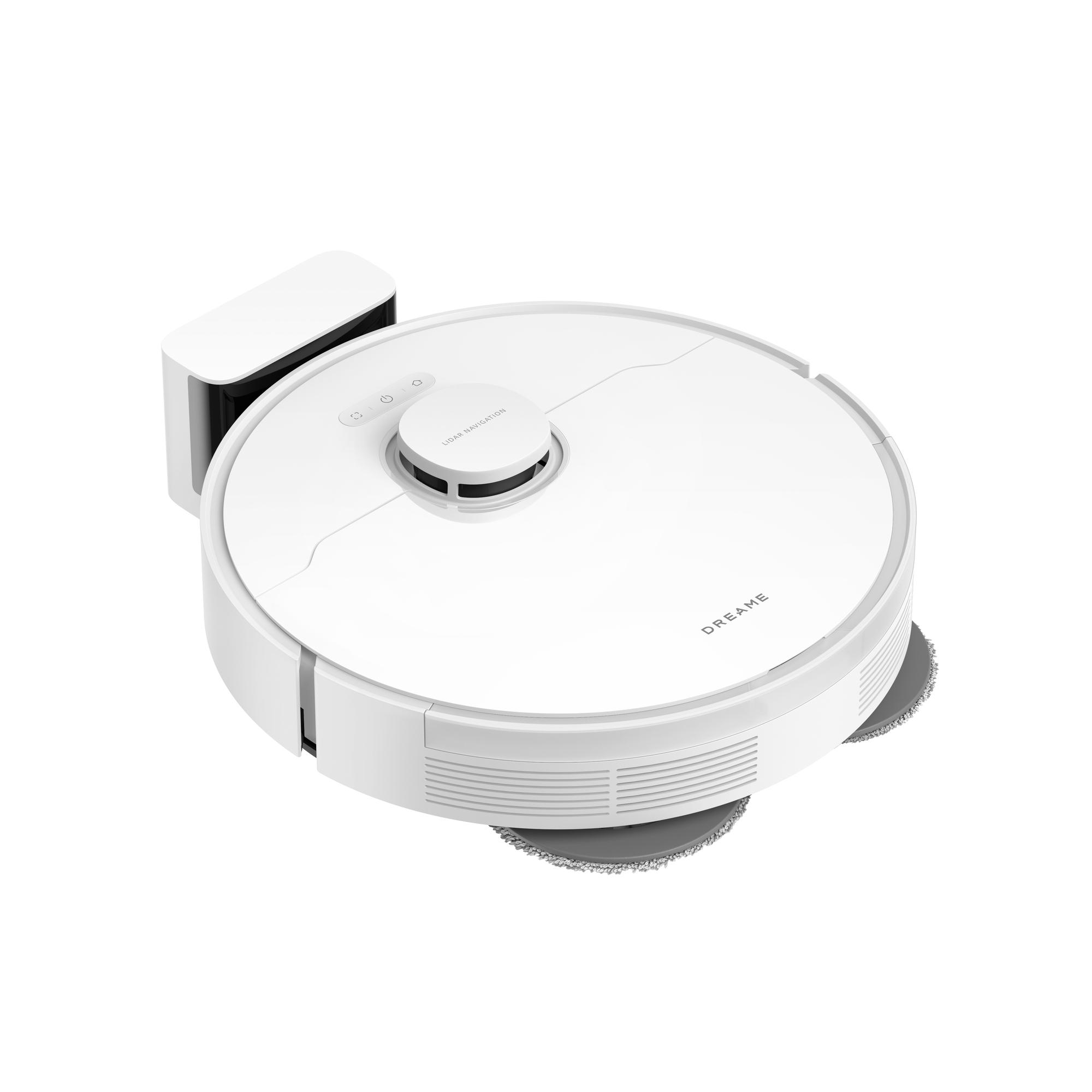 Ein weißer Dreame-Roboter-Staubsauger mit Ladestation. Es hat ein rundes Design mit Knöpfen und einem Lidar-Sensor.