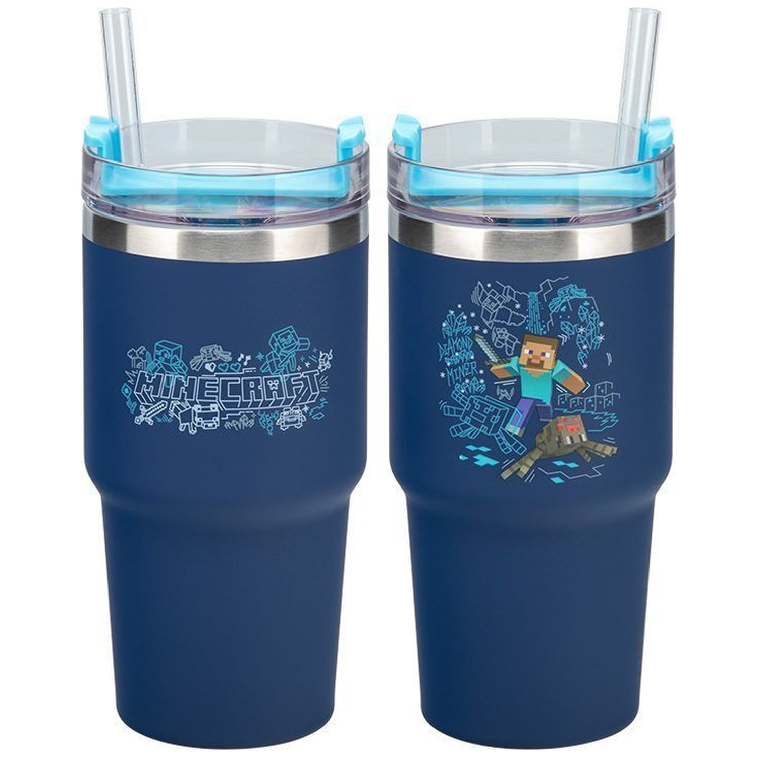 Two blue Minecraft tumblers with straws. One has Minecraft characters, the other, Steve and a spider. Both have blue lids.