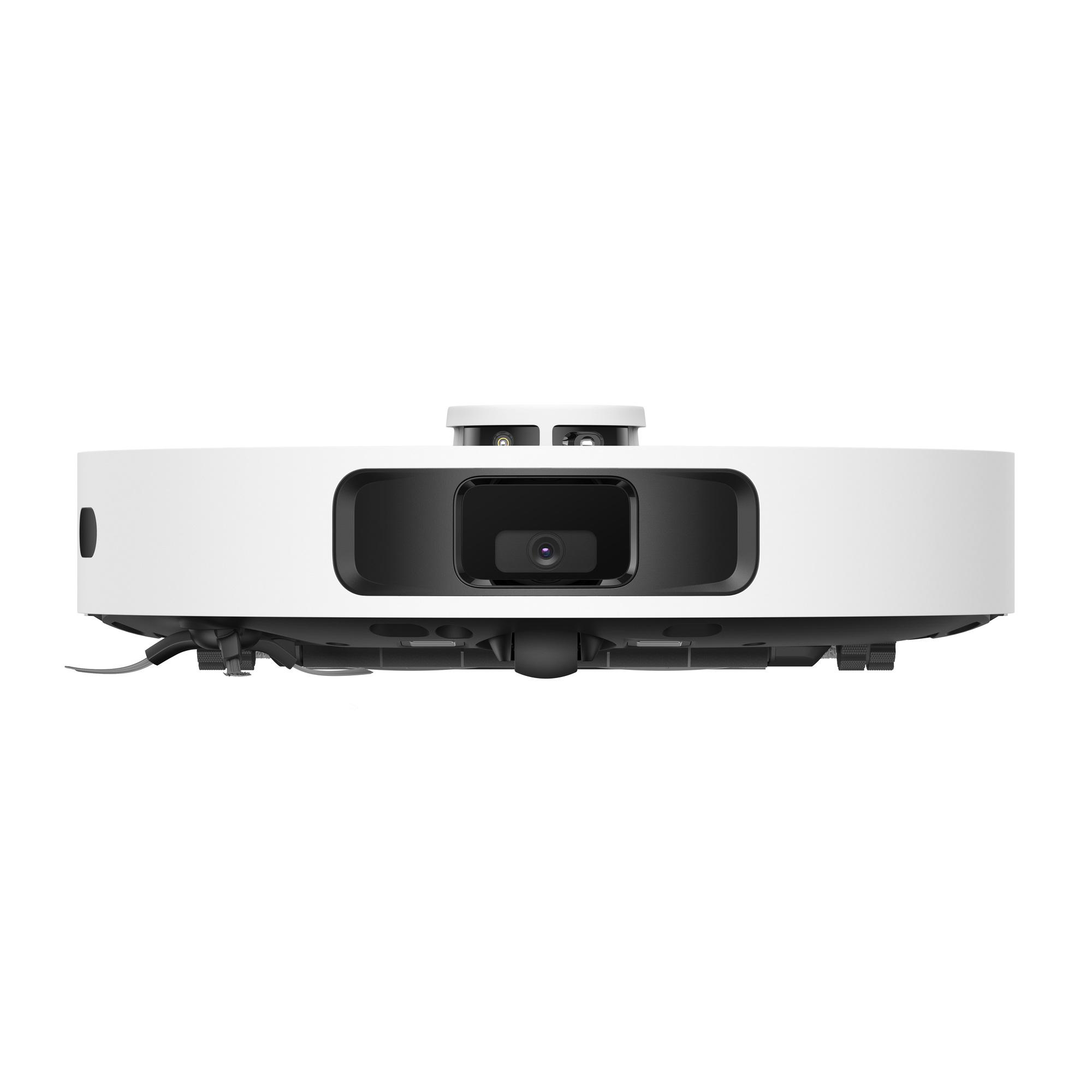 Ein weiß-schwarzer Roboter-Staubsauger auf weißem Hintergrund. Er hat eine Kamera und Sensoren.