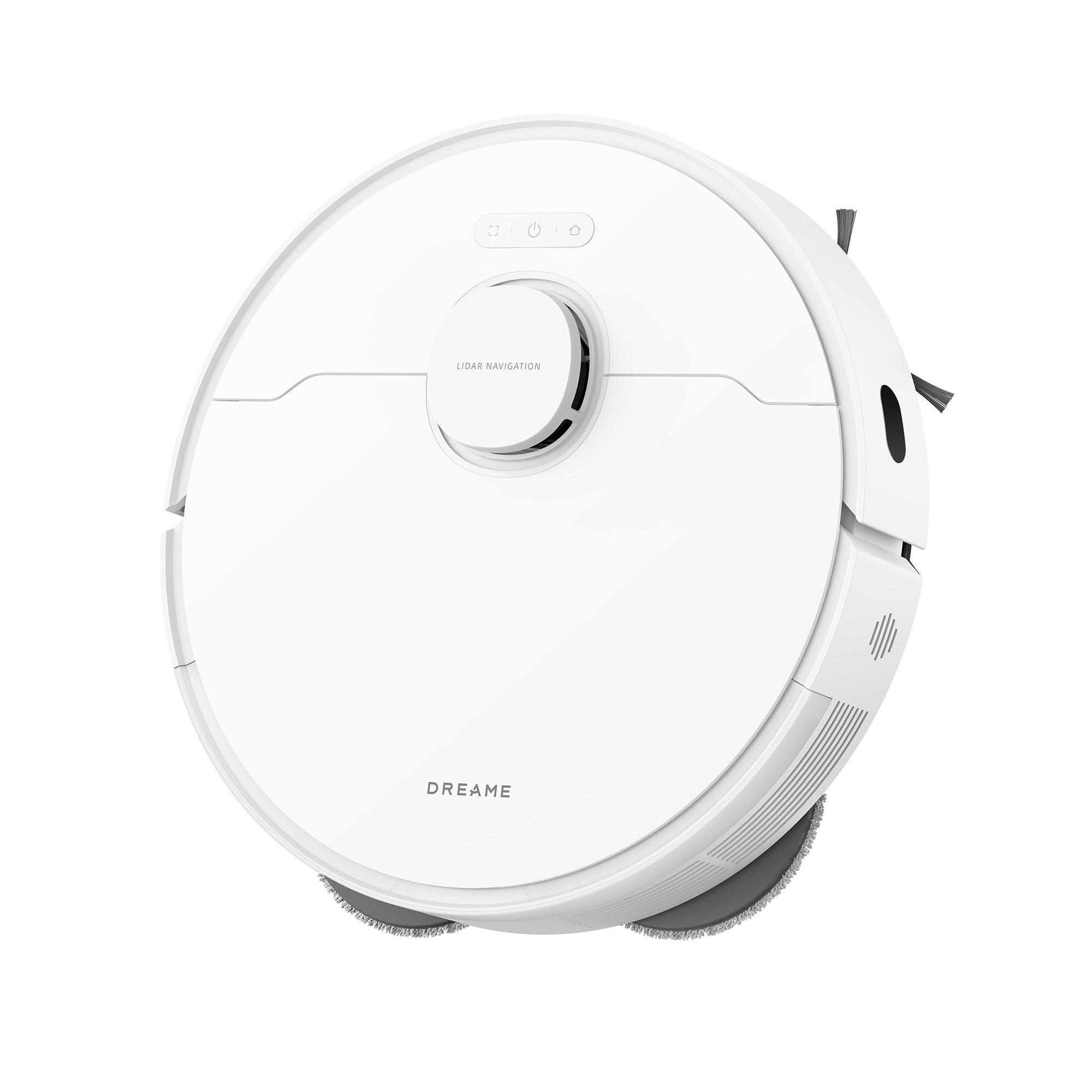 Ein weißer Roboter-Staubsauger mit runder Form. Er hat Knöpfe oben und den Markennamen DREAME.