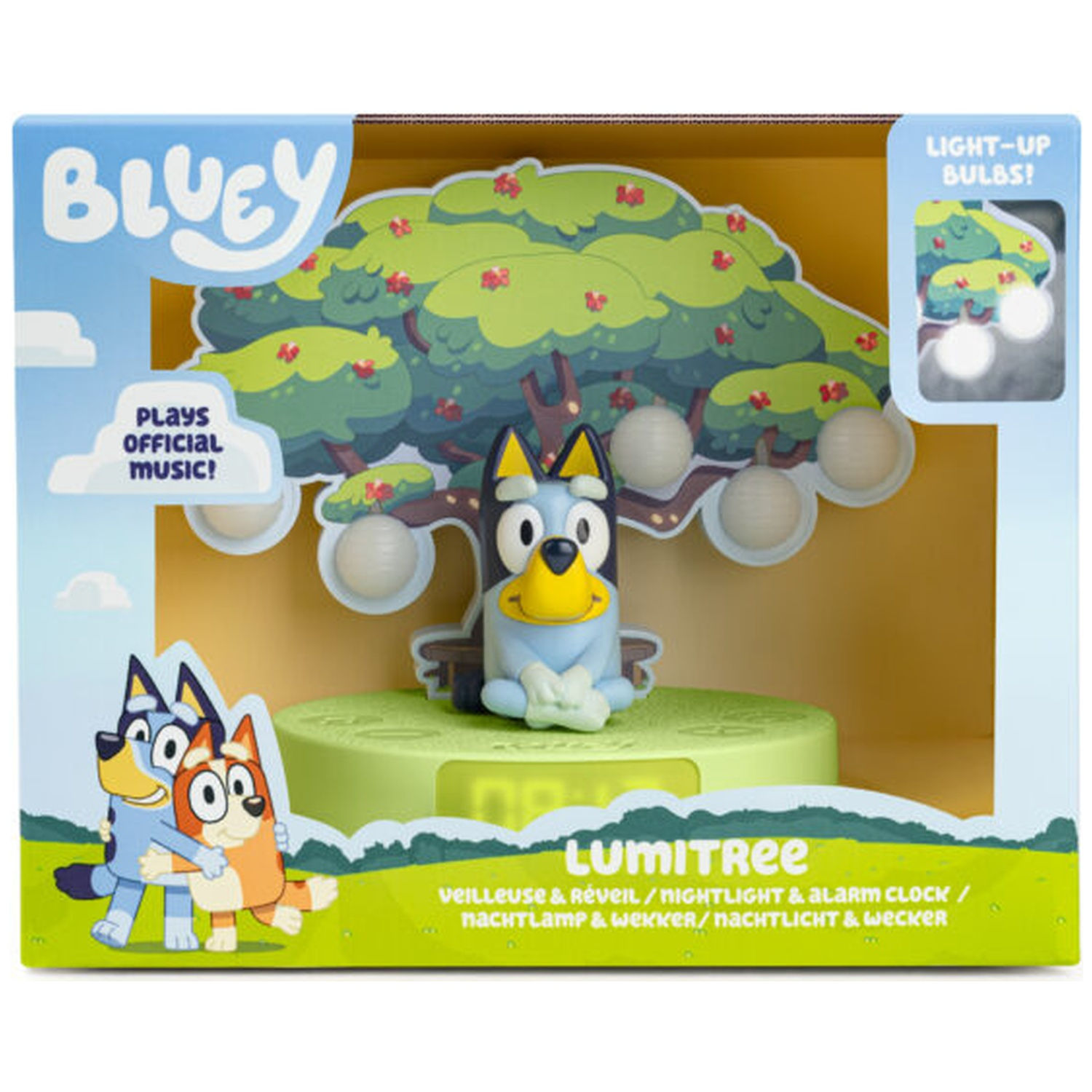 Bluey nightlight alarm clock in box. Bluey character under a tree with light bulbs, green base. Box says 'LUMITREE'.