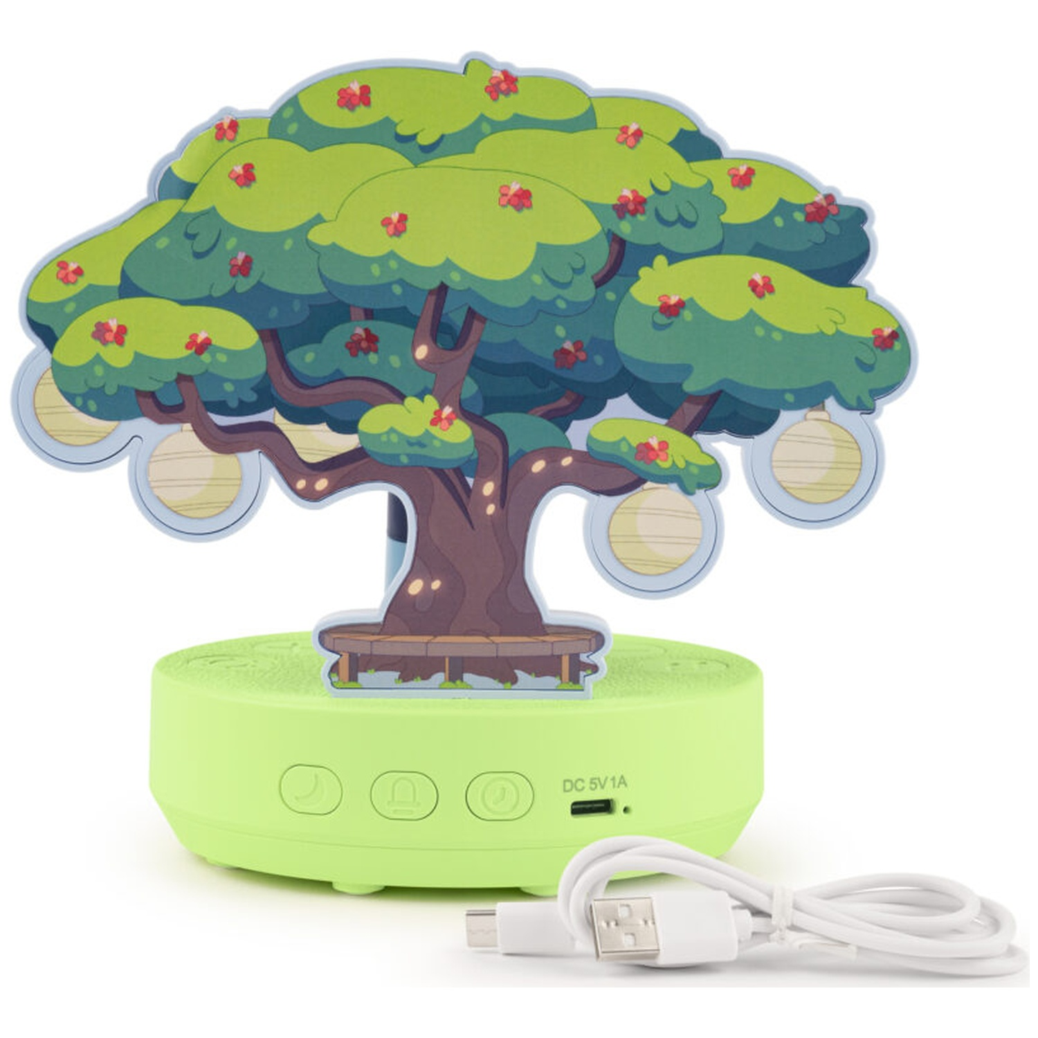 A tree-shaped speaker with a green base and a white USB cable. The tree has green leaves and red flowers.