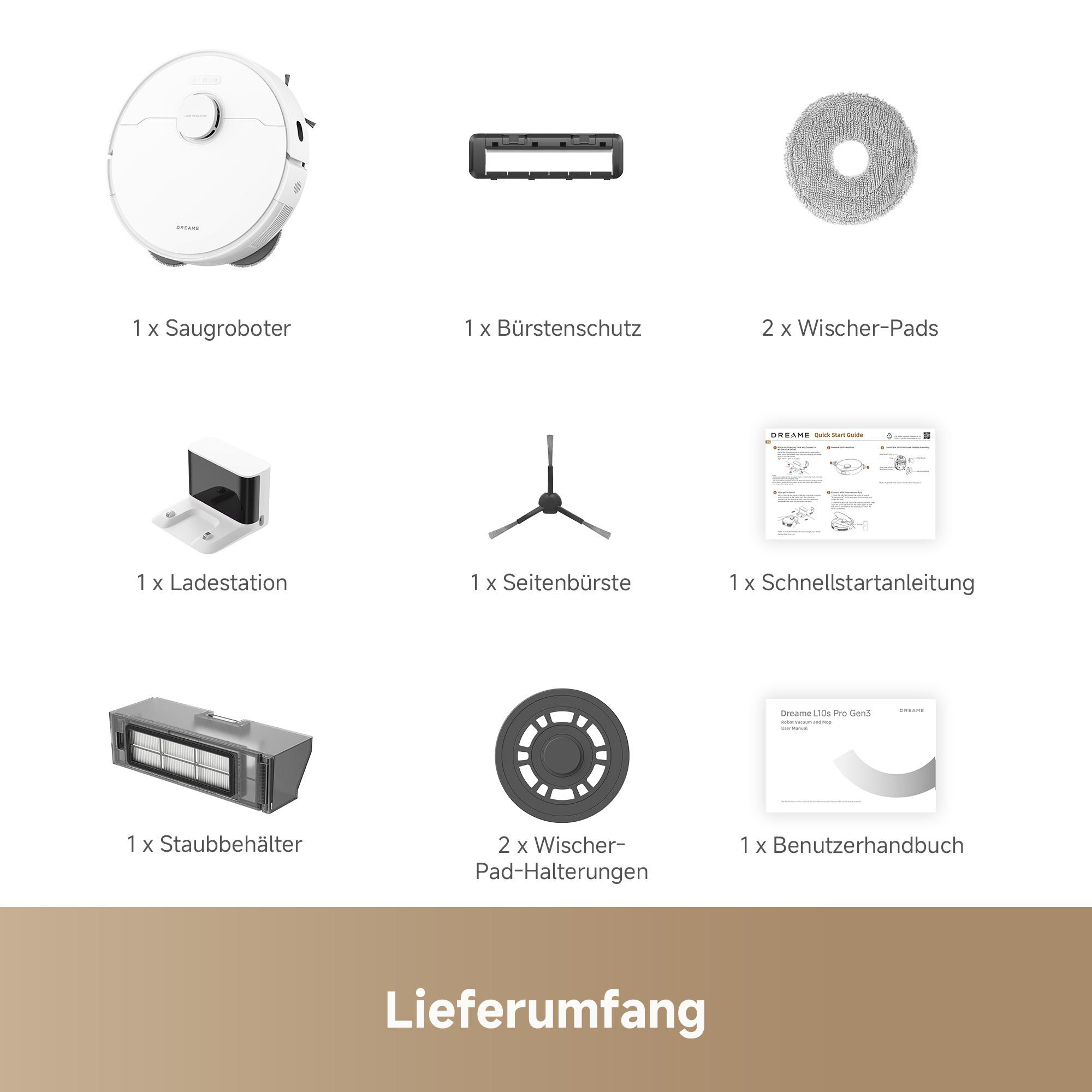 Das Bild zeigt Staubsaugerroboterteile: Roboter, Pads, Bürste, Ladestation, Seitenbürste, Staubbehälter und Handbücher.