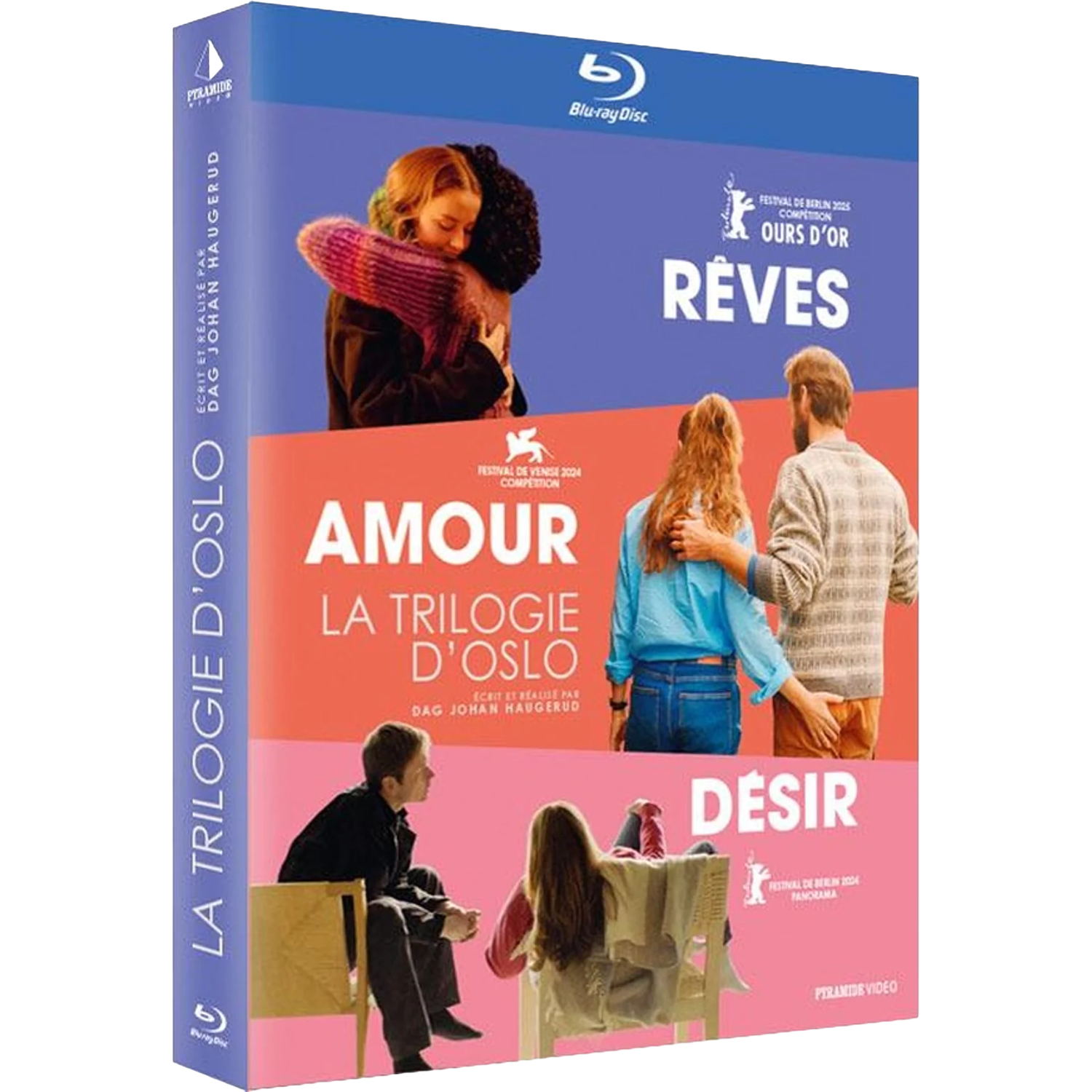 Couverture Blu-ray d'un film. Des gens qui s'embrassent et se tiennent debout. Le texte comprend 'Amour', 'Rêves' et 'Désir' avec des logos de festivals.