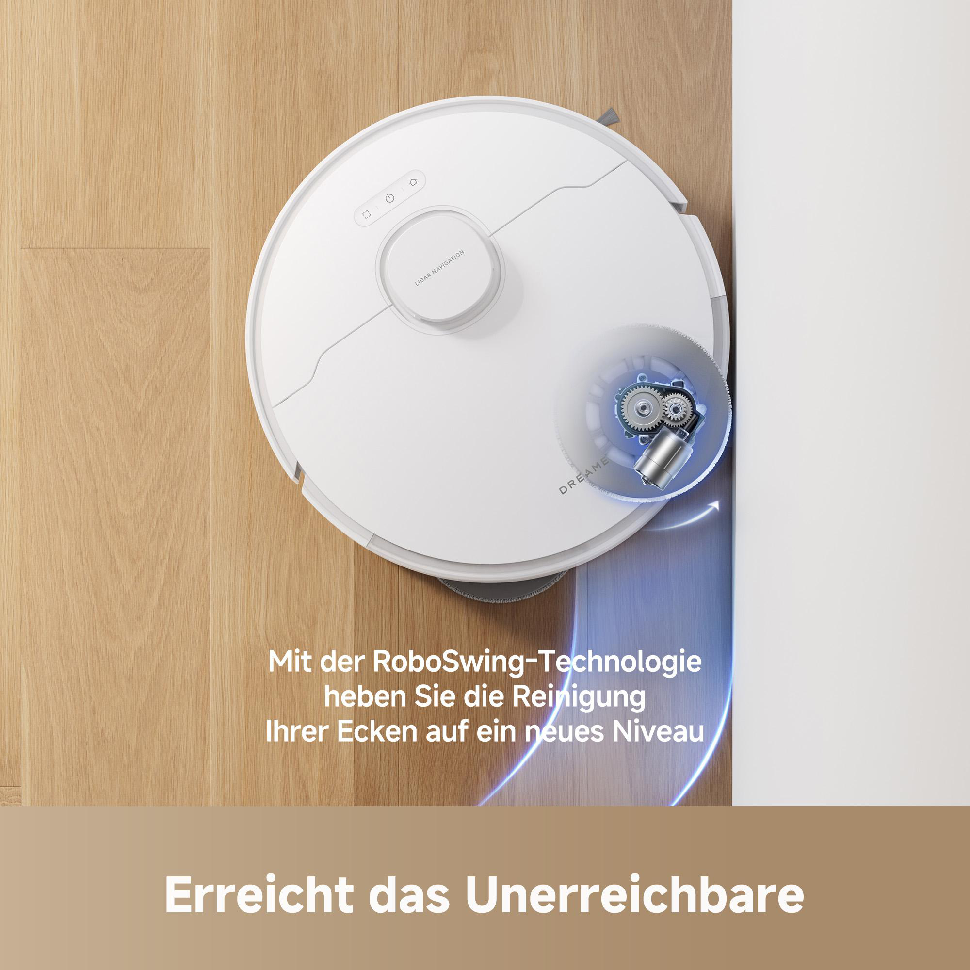 Ein weißer Roboter-Staubsauger auf Holzboden. Er hat einen LIDAR-Sensor und einen rotierenden Reinigungsmechanismus.
