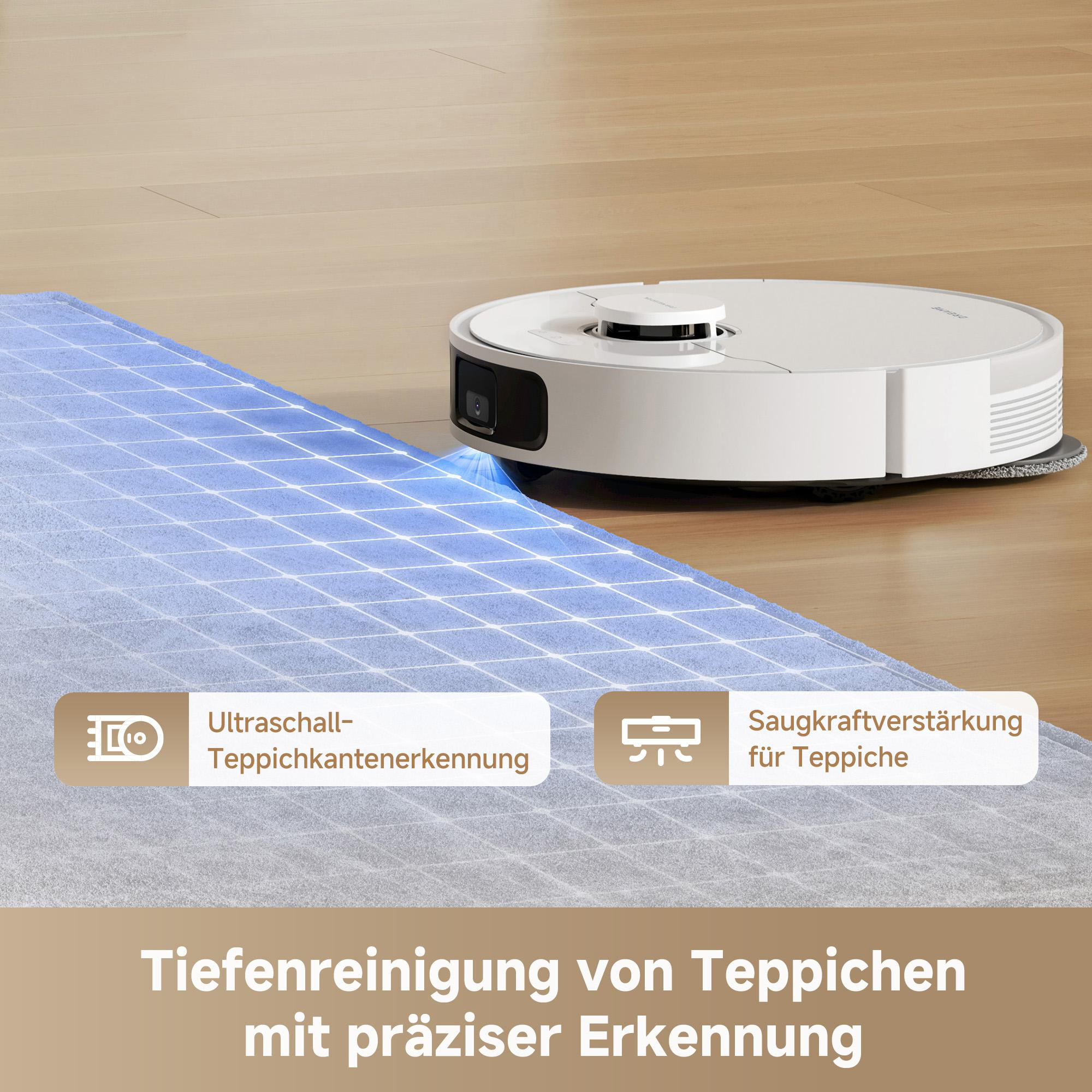 Ein weißer Roboter-Staubsauger auf Holzboden. Er reinigt einen blauen Teppich. Text: 'Tiefenreinigung von Teppichen'.
