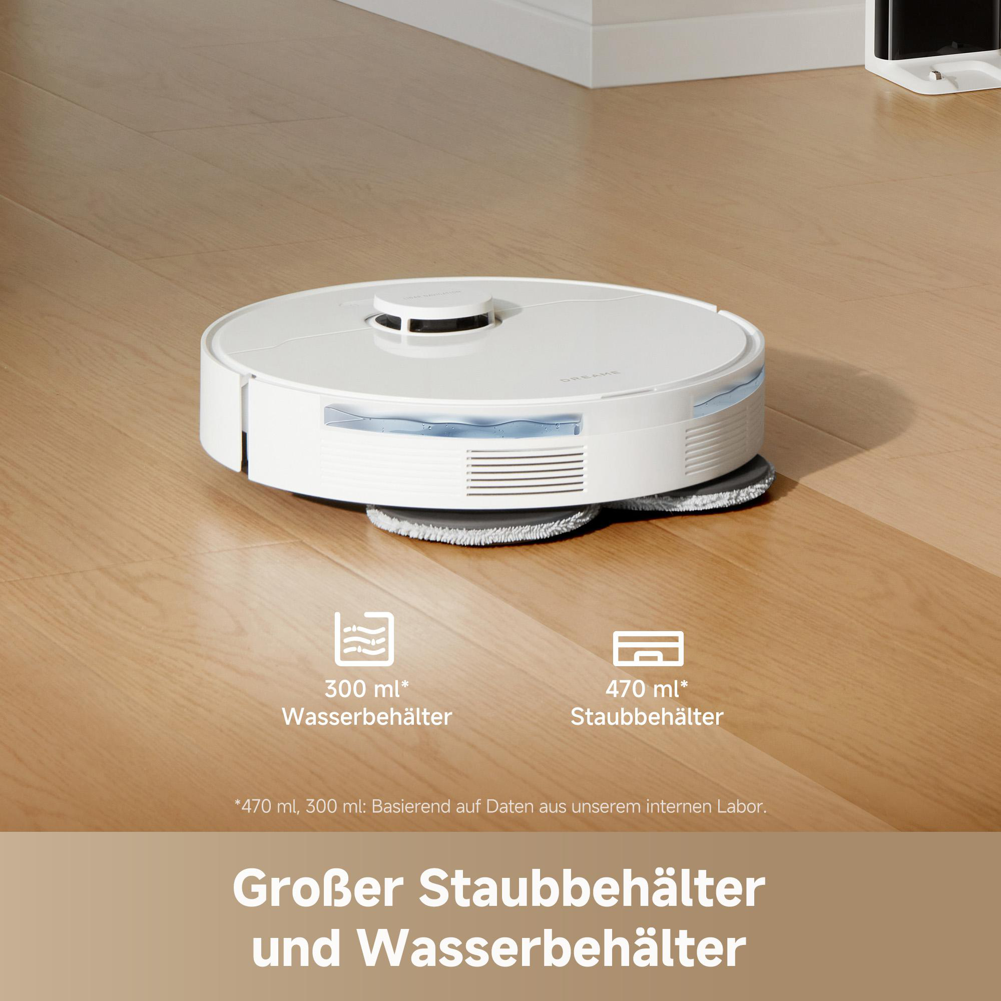 Ein weißer Roboter-Staubsauger auf einem Holzboden. Das Bild zeigt Text über Wasser- und Staubbehälter.
