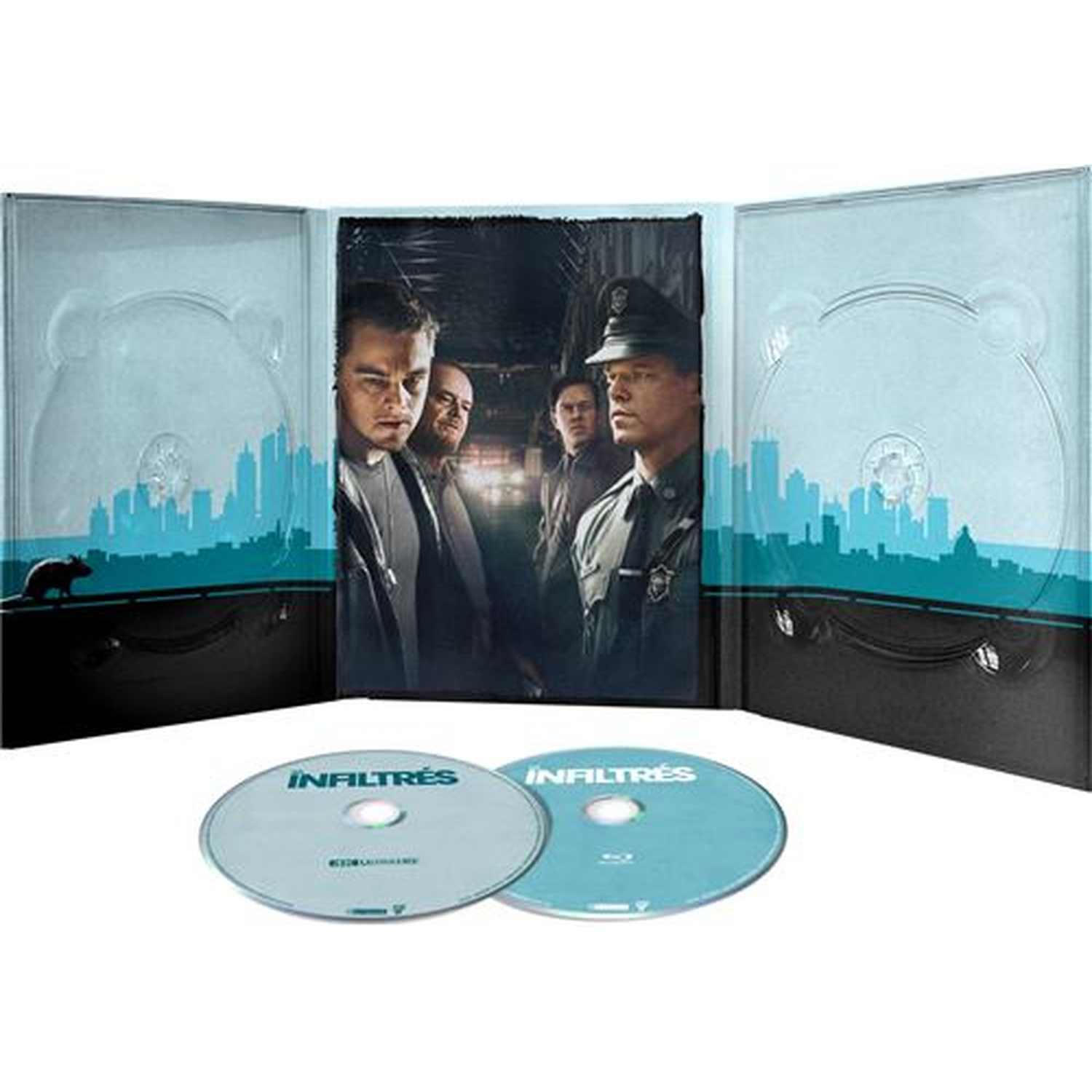 Blu-ray hoesje open met de titel van de film en de acteurs. Twee schijven ervoor. Stadssilhouet op de hoes met acteurs uit de film.