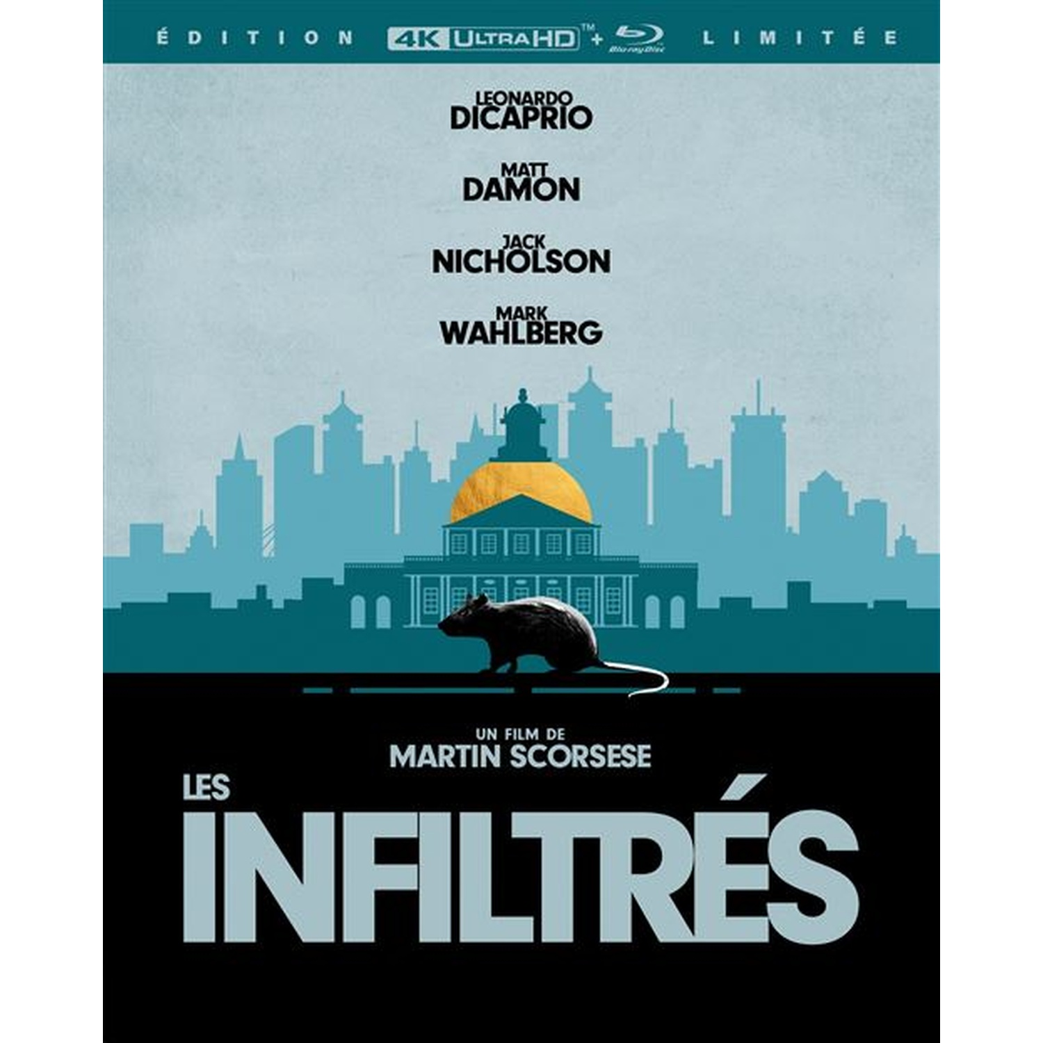 De Infiltrated-filmposter. Met namen van de cast, een silhouet van de stad, een zwarte rat en de filmtitel.