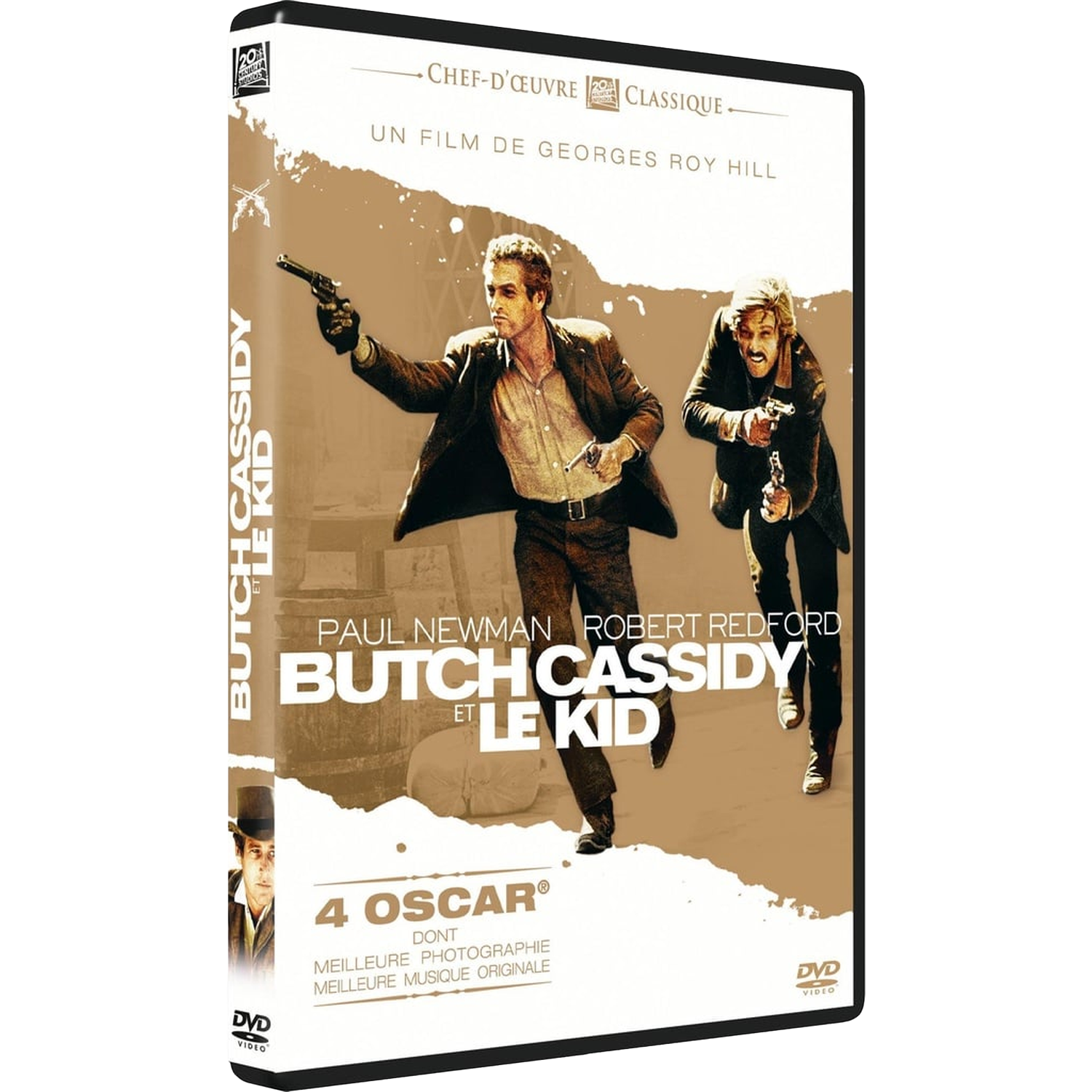 Jaquette DVD de 'Butch Cassidy and the Kid'. Paul Newman et Robert Redford avec des pistolets. Fond marron avec texte.