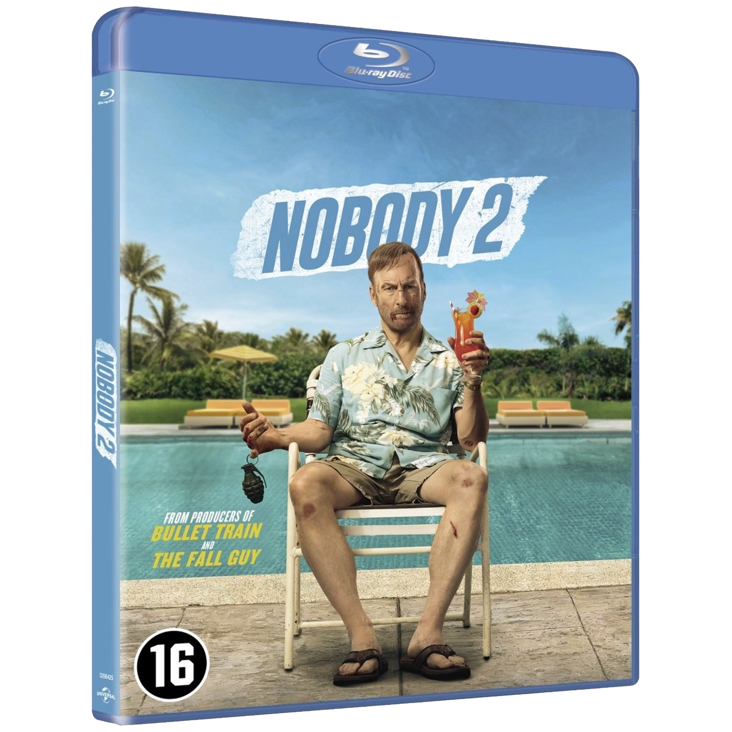 Jaquette Blu-ray de Nobody 2. Homme au bord de la piscine, cocktail et grenade. Ciel et palmiers en arrière-plan. Classification 16.