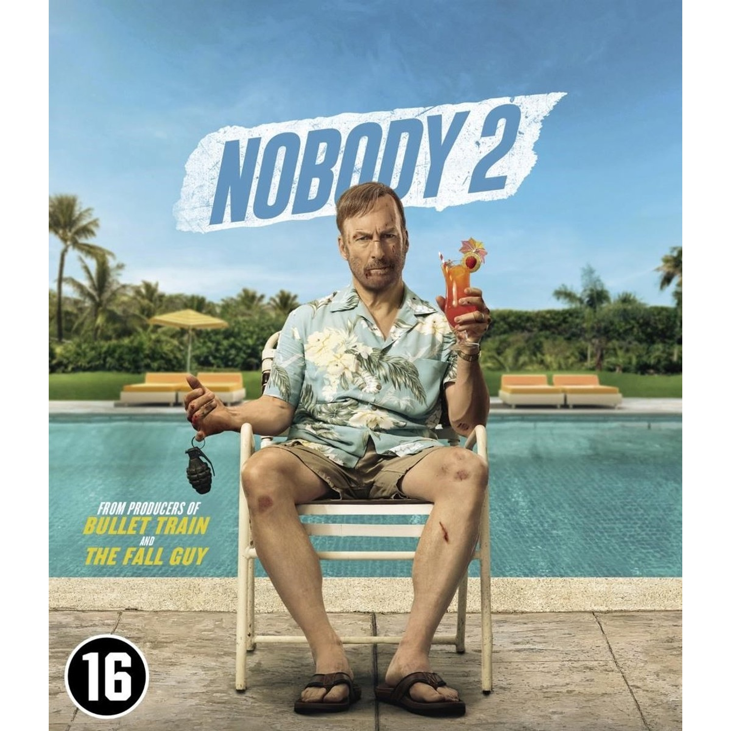 Homme tenant une grenade et un cocktail au bord d'une piscine. Il a des blessures. Le titre du film 'NOBODY 2' est au-dessus.