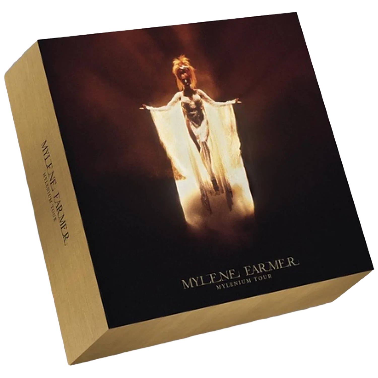 Boîte de Mylenium Tour de Mylene Farmer. On y voit une femme aux bras tendus dans une lumière vive. La boîte est dorée et noire.