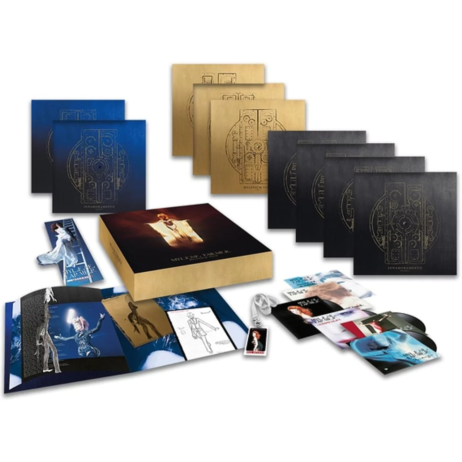 Collection d'albums, coffret et produits dérivés. Comprend des vinyles, des gravures et un porte-clés.