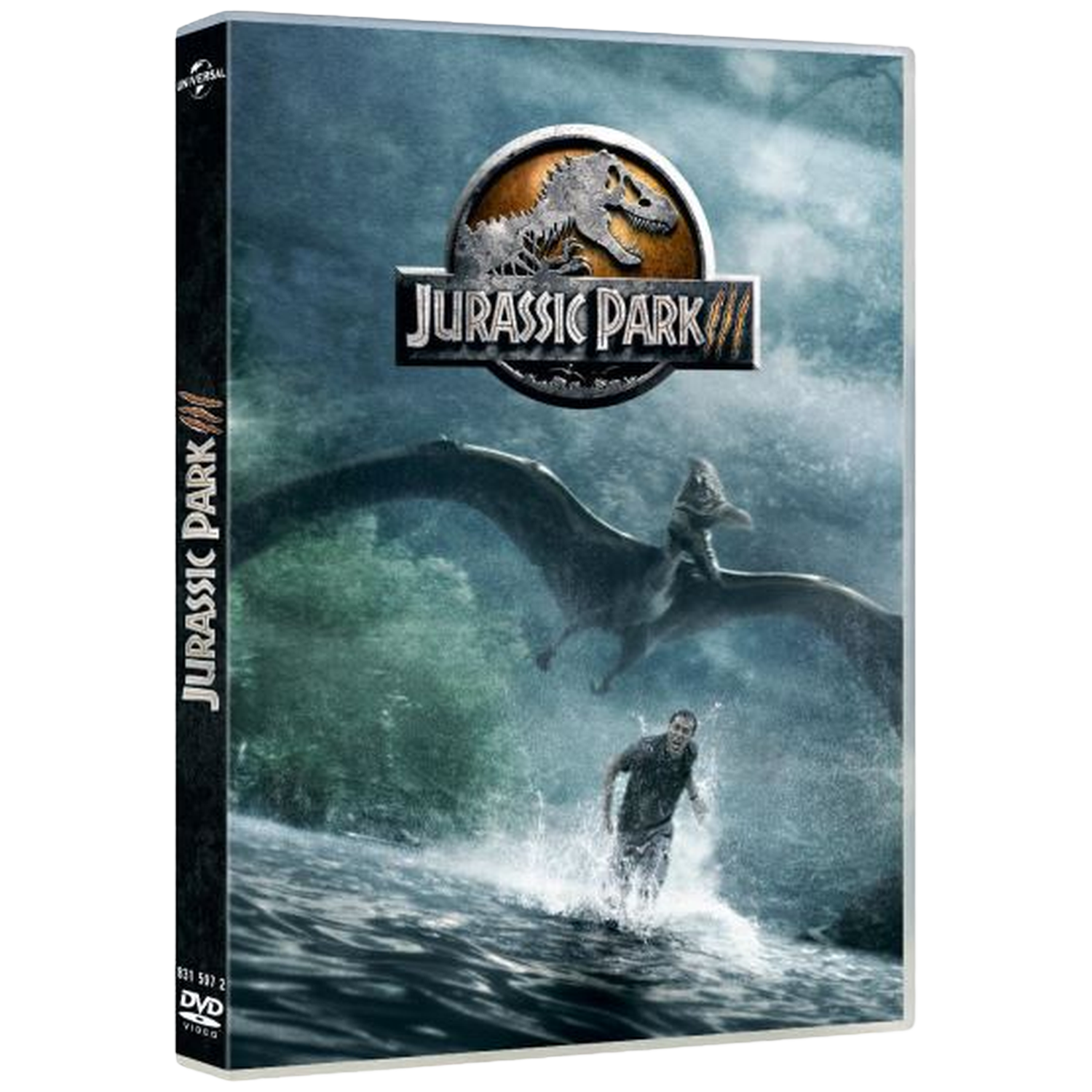 DVD-hoes voor Jurassic Park III. Een man rent weg van een pterodactylus. Het logo toont een dinosaurus op een gouden achtergrond.
