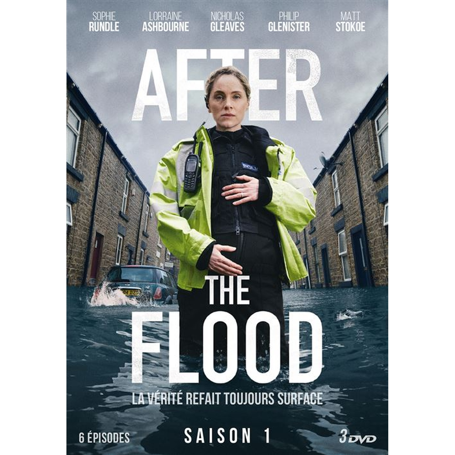 Poster for "The Flood" movie. A woman in a yellow jacket stands in floodwater. Buildings, car and text are visible.