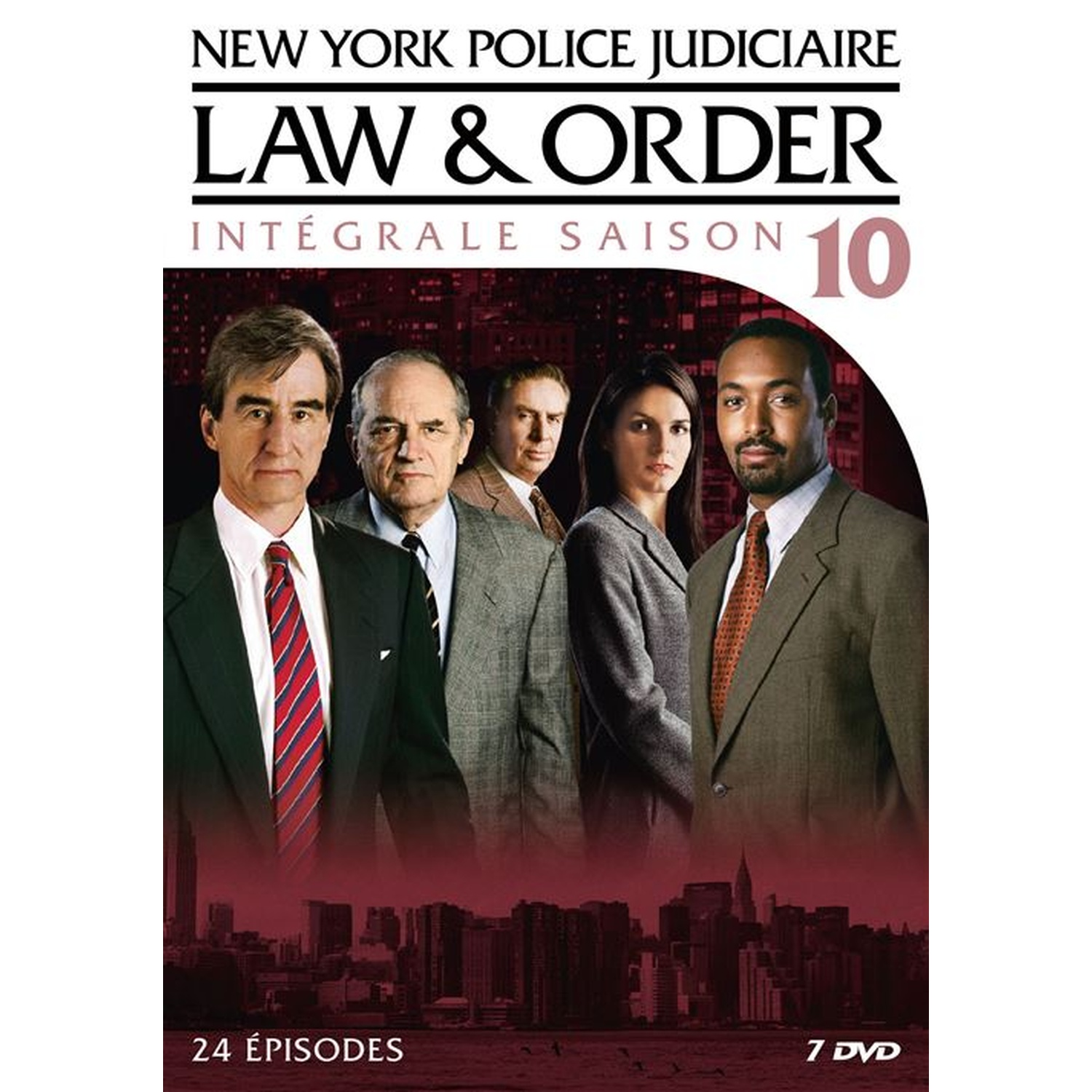 DVD cover for Law & Order season 10. Features cast members in suits in front of a city skyline. Text includes "24 épisodes" and "7 DVD".