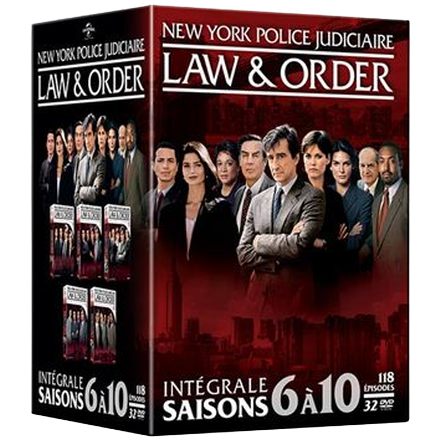 DVD-box van Law & Order. Groepsfoto met tekst 'New York Police Judiciaire Law & Order'. Seizoenen 6-10, 118 afleveringen.