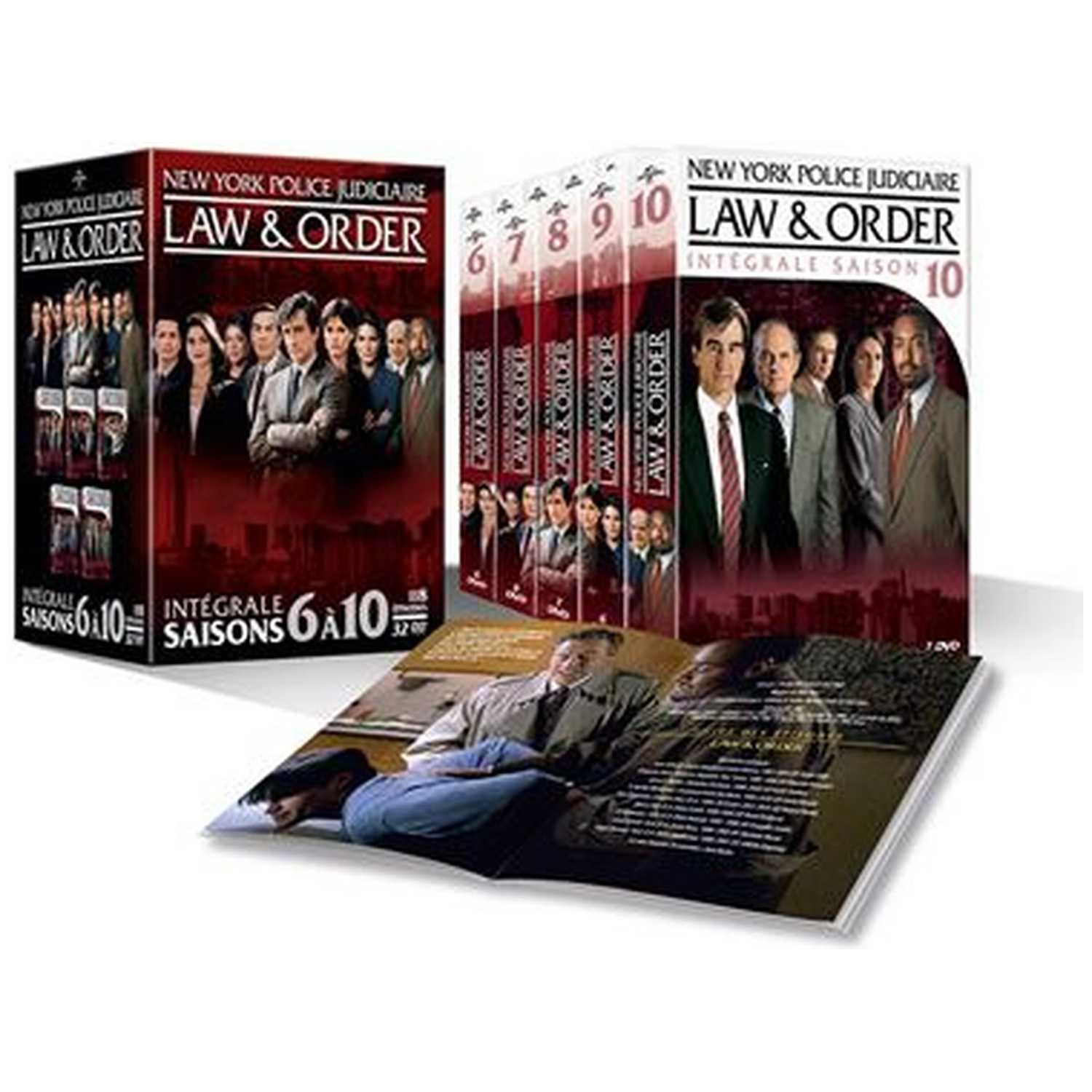 DVD-boxset van Law & Order seizoenen 6-10. Bevat meerdere dvd-hoesjes en een open boekje met afbeeldingen.