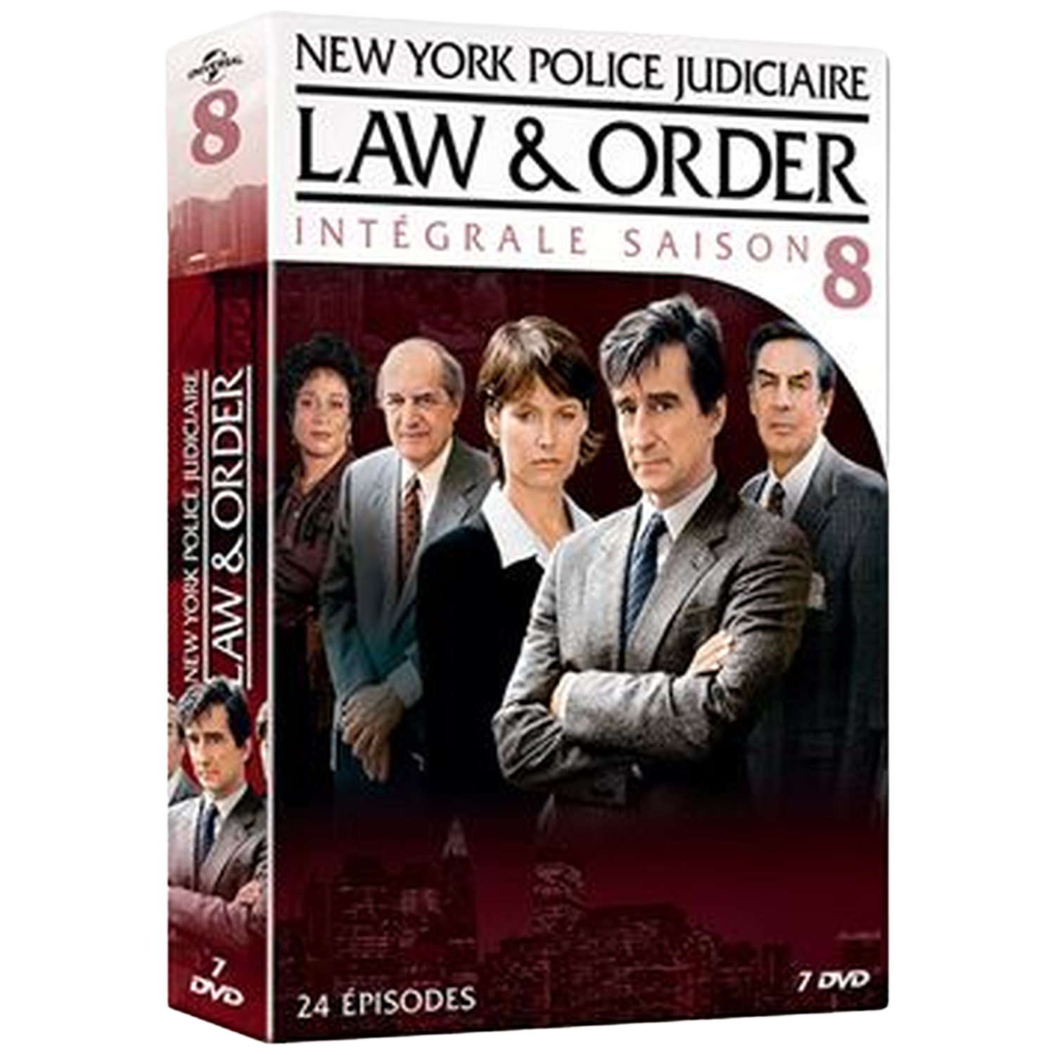 DVD-box van Law & Order: Seizoen 8. Met castleden in pakken. Tekst bevat '24 afleveringen' en '7 DVD'.