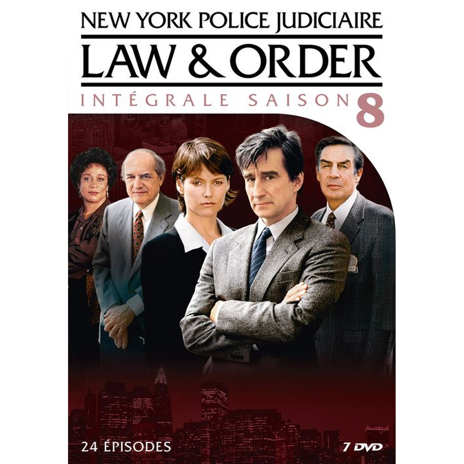 DVD-hoes. Law & Order-cast in pakken. Tekst: New York Police Judiciaire, Law & Order, Intégrale Saison 8, 24 Épisodes, 7 DVD.