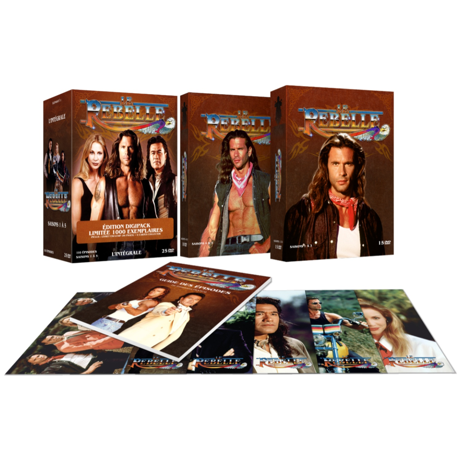 DVD box set of the TV series, with three boxes standing and episode guides in front. The boxes feature cast photos and titles.