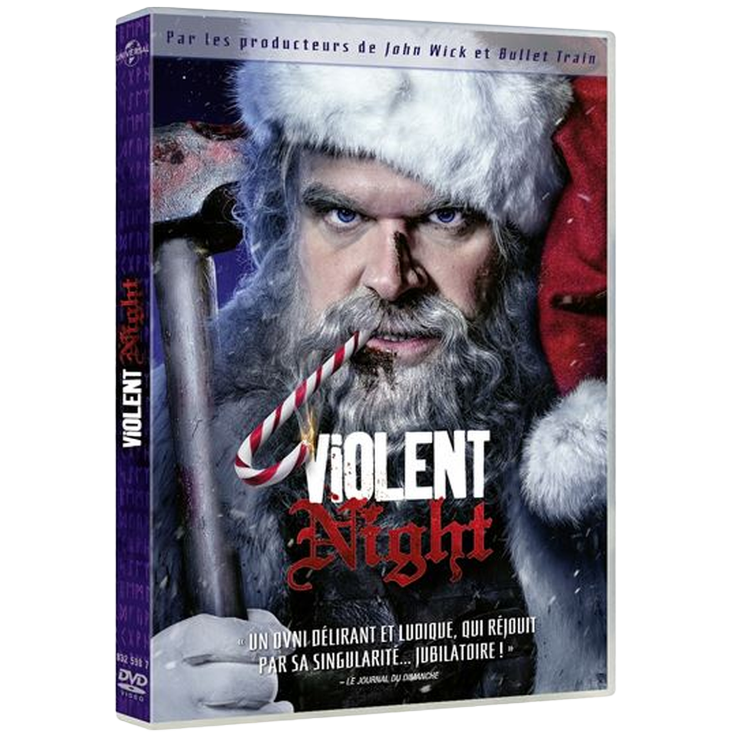 DVD-hoes voor 'Violent Night'. Kerstman met bijl, zuurstok in de mond. Tekst: 'Violent Night' in rood.