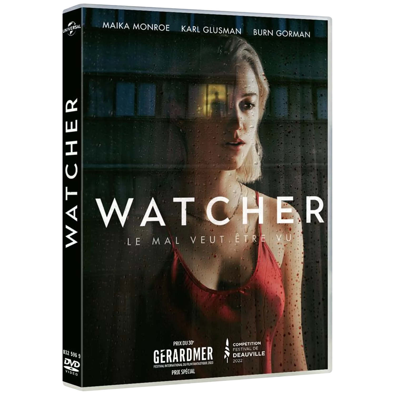 DVD-hoes voor de film 'Watcher'. Een vrouw kijkt door een met regen bedekt raam. De tekst bevat de titel en namen van de acteurs.