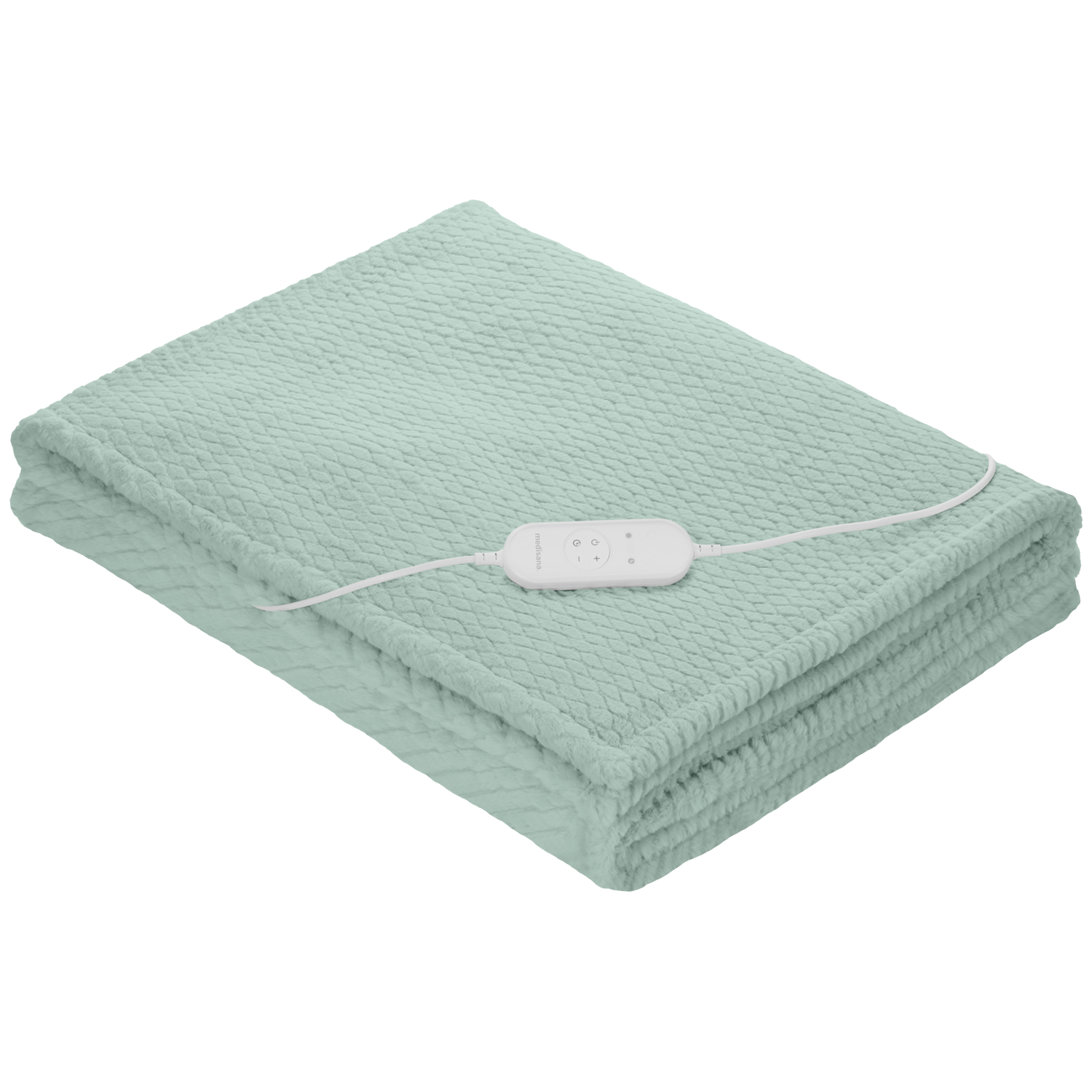 Une couverture électrique pliée, vert clair. Un panneau de contrôle blanc est dessus. Un câble blanc relie à la couverture.