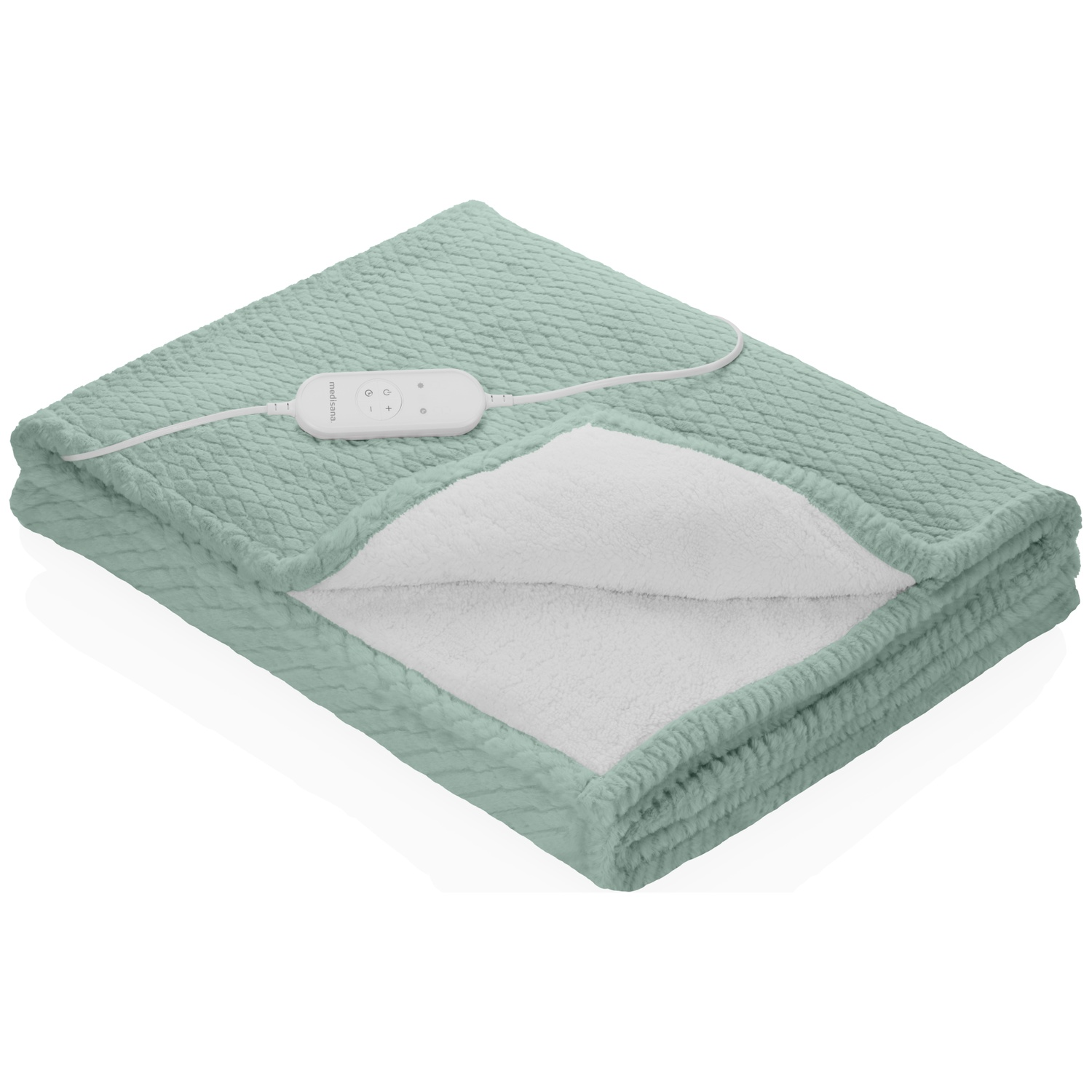 Une couverture électrique vert clair pliée avec un panneau de commande blanc et un intérieur blanc et moelleux. La couverture est sur fond blanc.