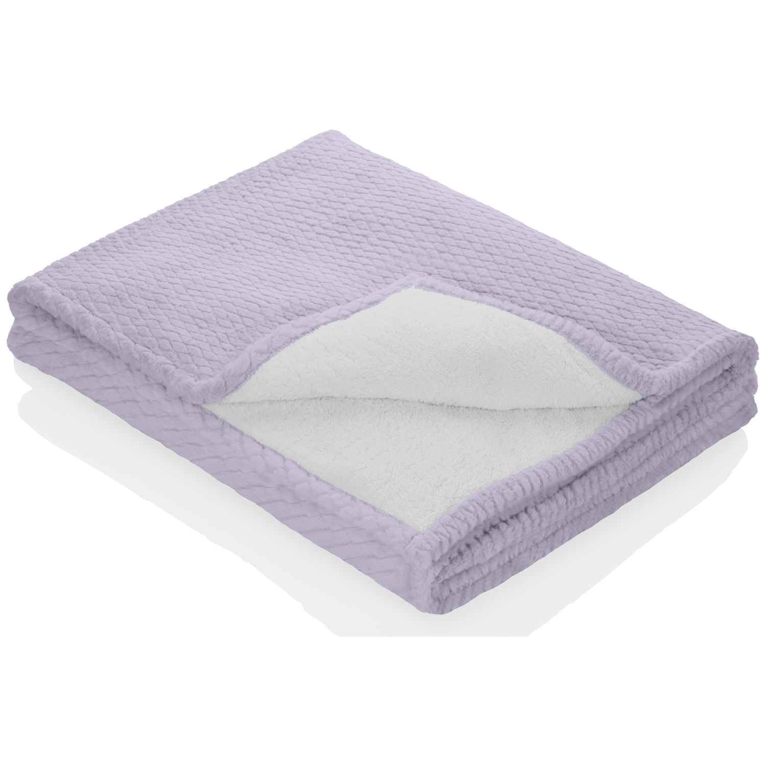 A folded, light purple blanket with a textured top and a white, fluffy interior, resting on a white surface.