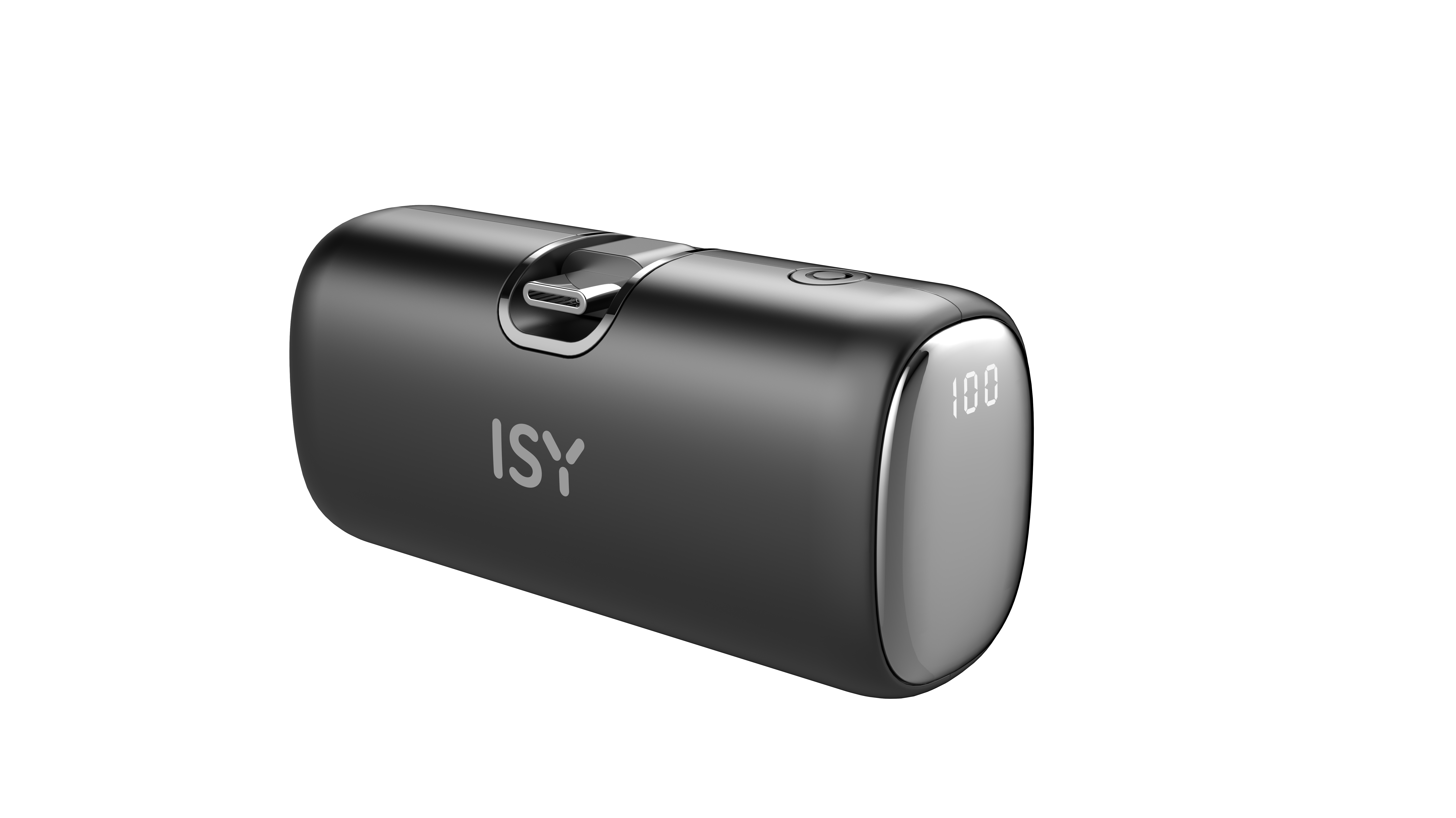 Eine schwarze Powerbank mit silbernem Metallrand. Der Bildschirm zeigt 100. Die Marke ISY ist sichtbar.