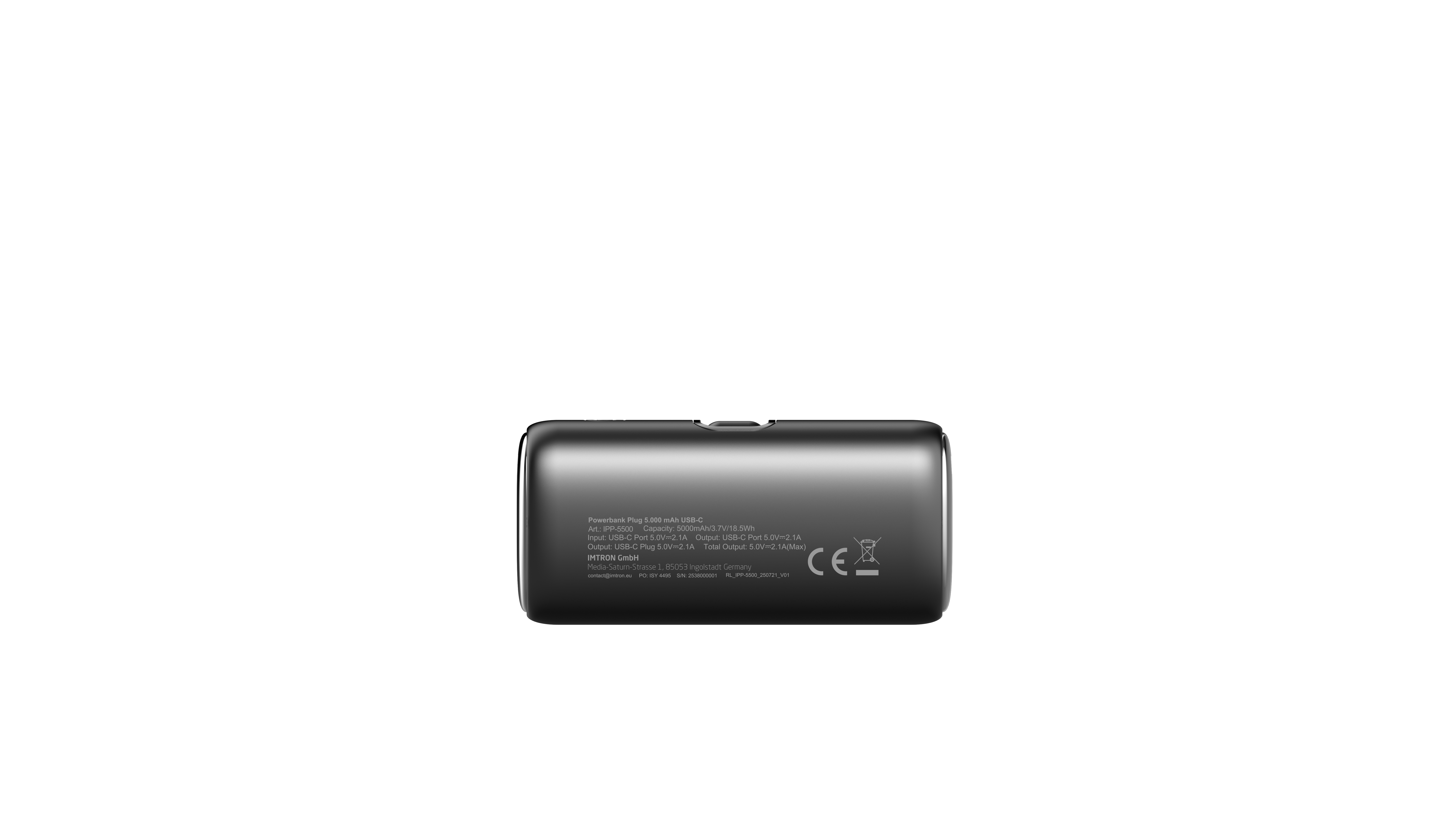 Eine schwarze Powerbank mit weißem Text auf schwarzem Hintergrund. Der Text beschreibt die Spezifikationen und die Marke.