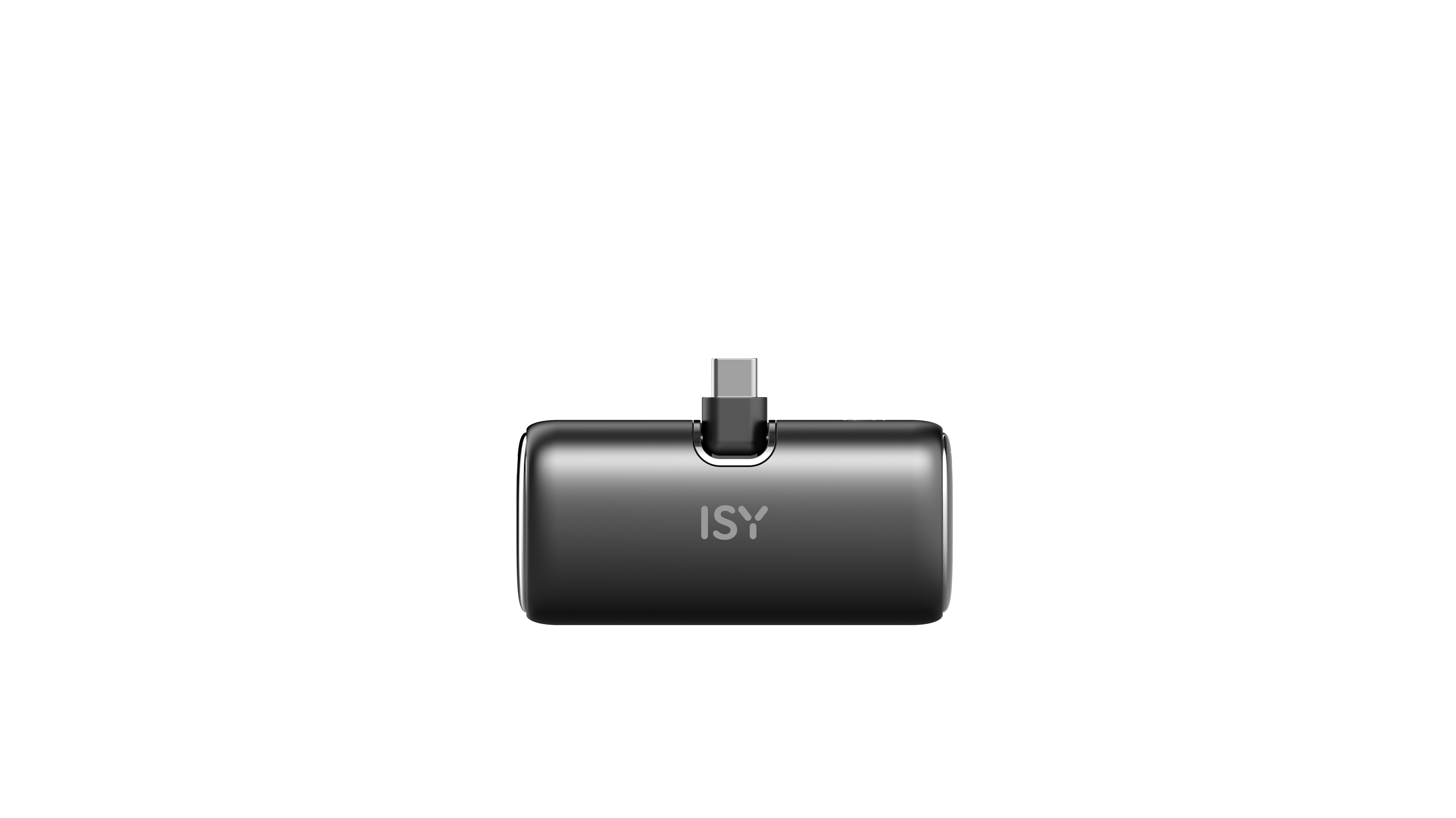 Dunkelgrauer ISY USB-C-Adapter auf schwarzem Hintergrund. Der Adapter ist rechteckig mit USB-C-Anschluss.
