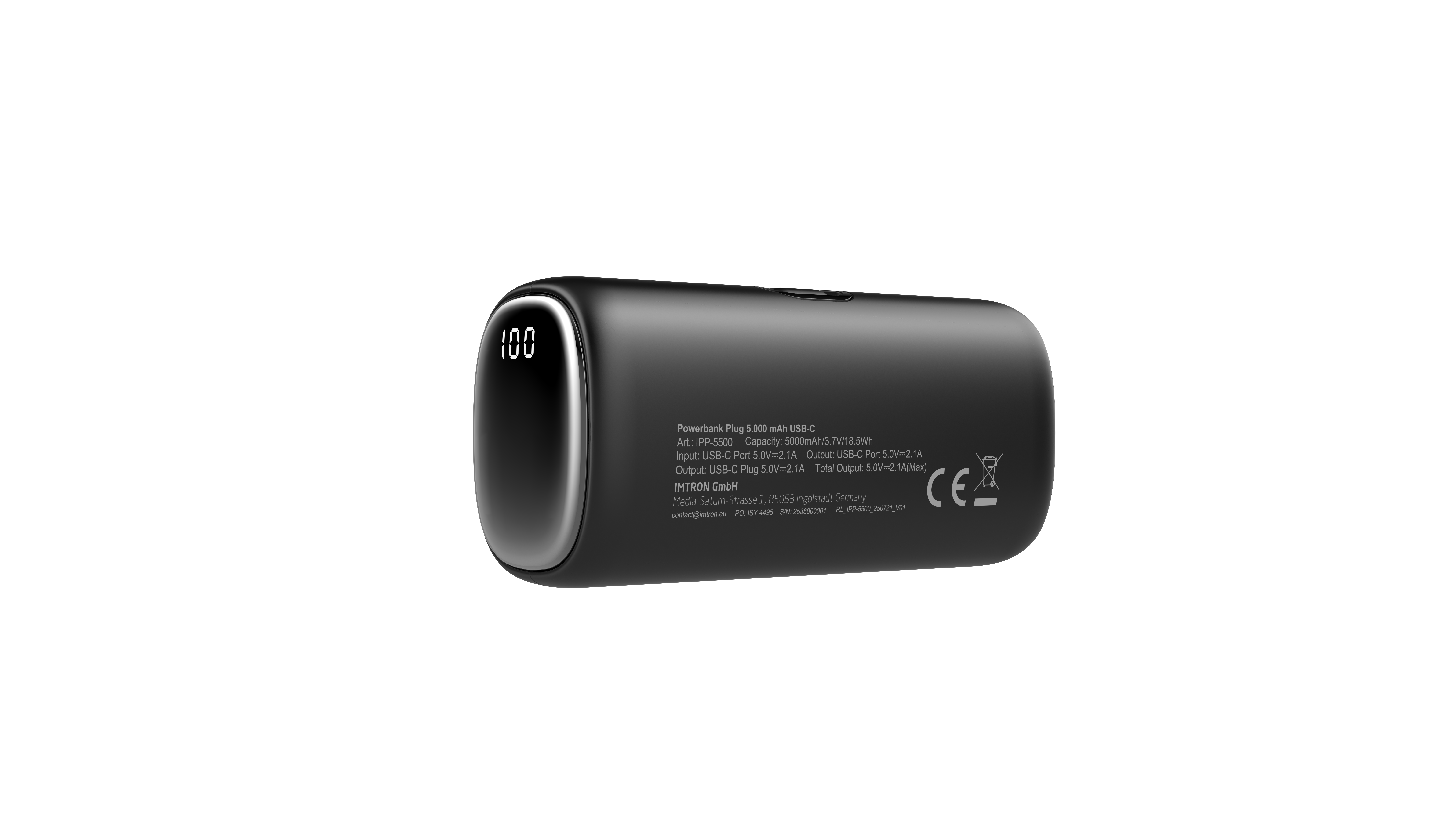 Eine schwarze Powerbank mit digitaler Anzeige, die 100 % anzeigt. Sie hat USB-C-Anschlüsse und Produktinformationen.