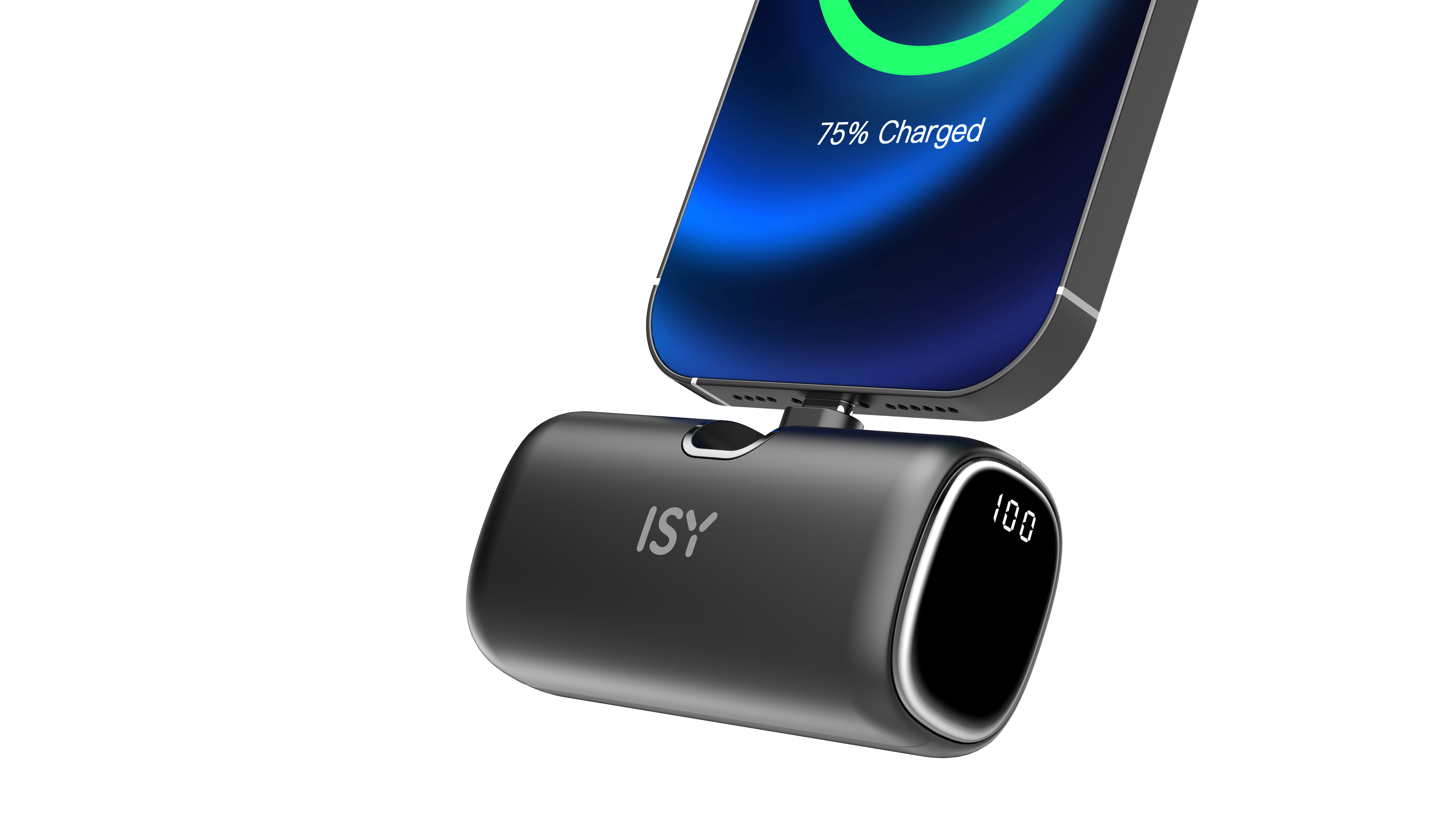 Ein Telefon wird drahtlos auf einem schwarzen Ladegerät aufgeladen. Das Telefon zeigt 75 % geladen an.