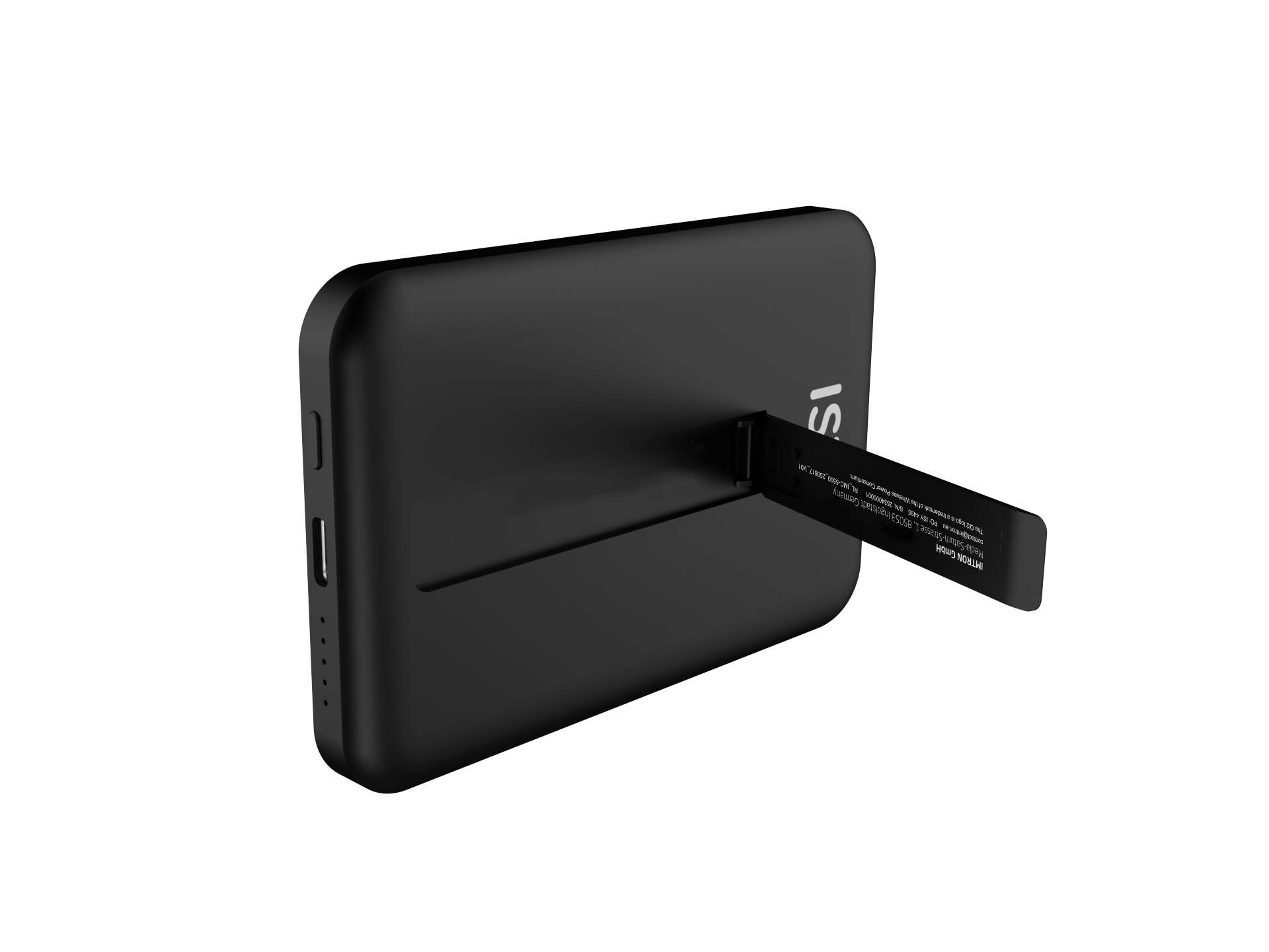 Eine schwarze Powerbank mit Ständer. Sie hat einen USB-Anschluss und Kontrollleuchten. Der Ständer zeigt Produktinformationen.
