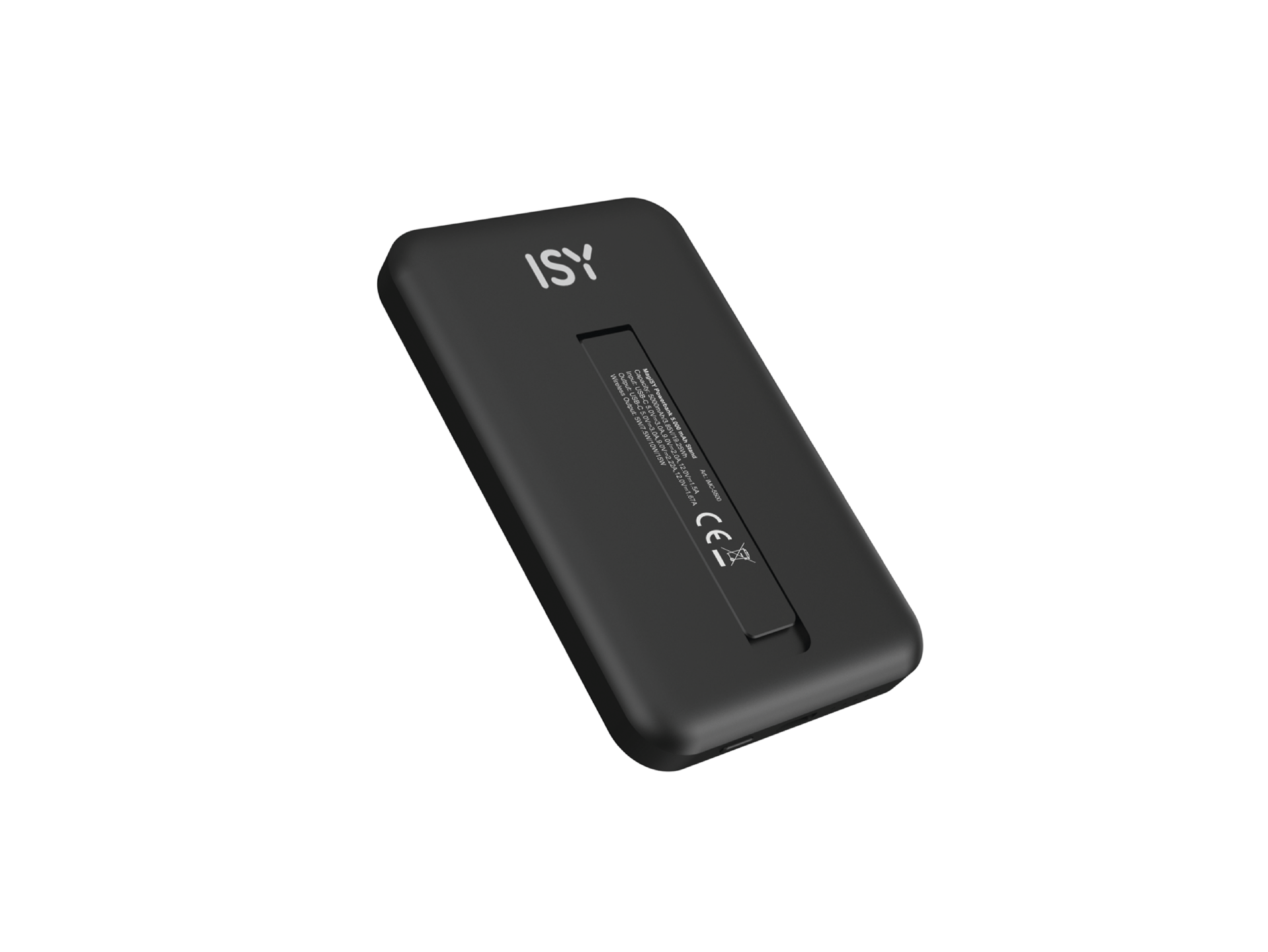 Eine schwarze ISY Powerbank mit Ständer auf schwarzem Hintergrund. Details sind sichtbar.
