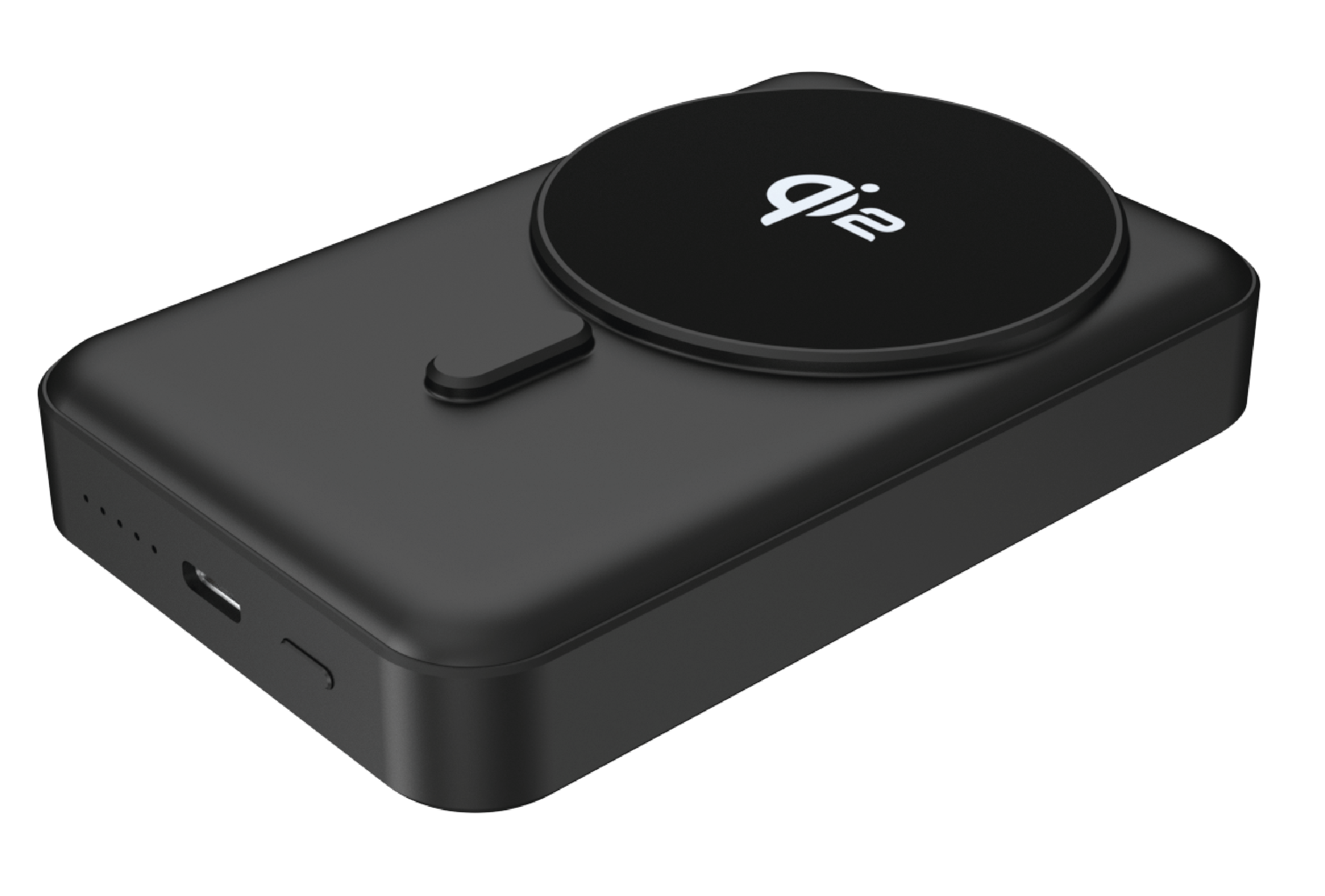 Schwarzes Gerät mit kreisförmiger Oberseite und weißem Logo. Hat einen USB-Anschluss und Kontrollleuchten. Auf Schwarz.